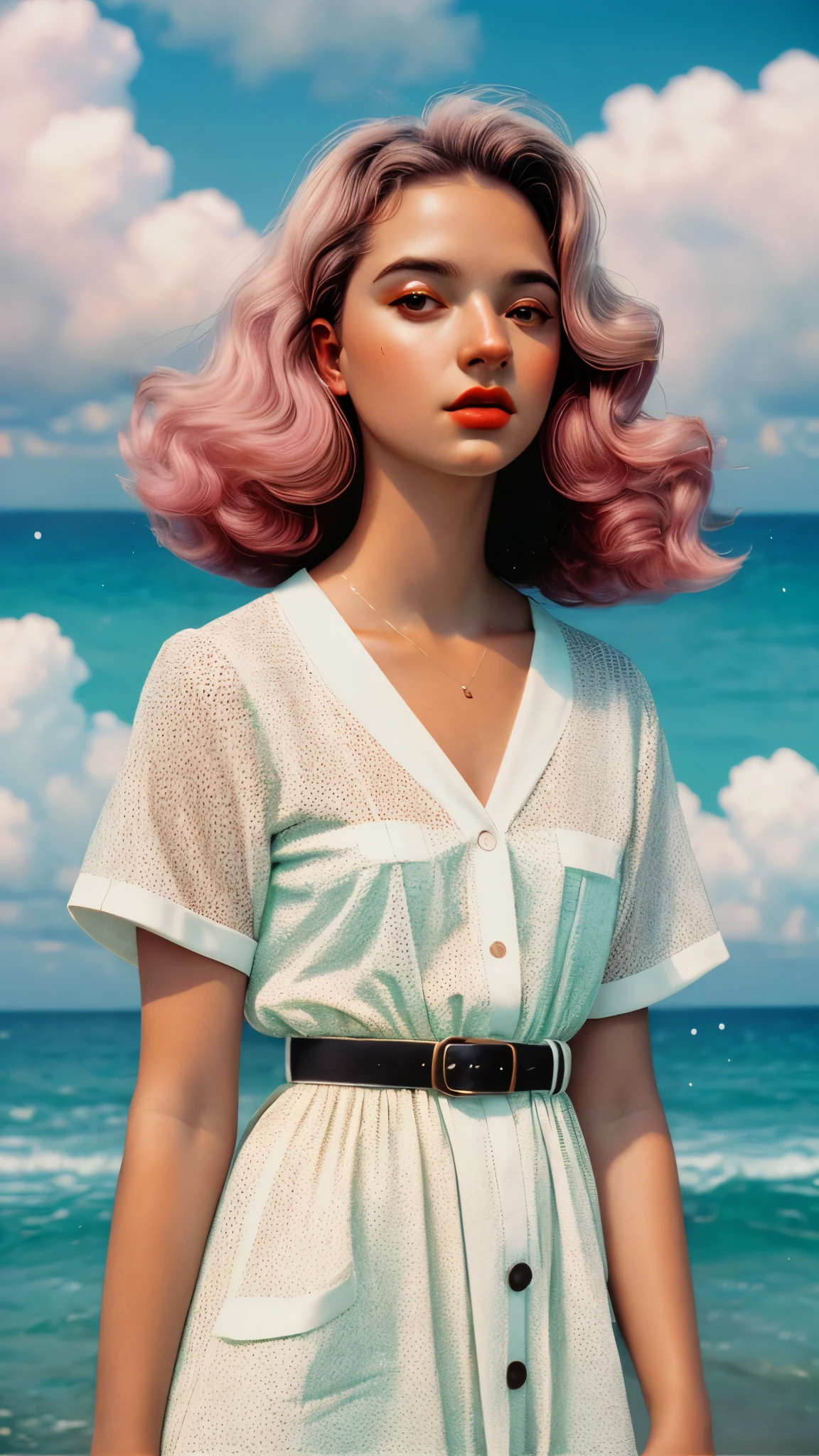 (, line art, halftone),((startled,full shot body,looking at viewer, )),(perfect face, wide hips),(Pastel colors,dreamscape,white sky, rainwater, ocean,) Normal looking 20-year-old Swiss, Polish, Mexican woman, natural dark blonde, wearing a v neck backless black dress with red belt
analog photography, grain film, vintage photo, portra 400, flash, in the style of lo-fi aesthetics:: --ar 2:3 --v 5.1 --s 250 --style raw