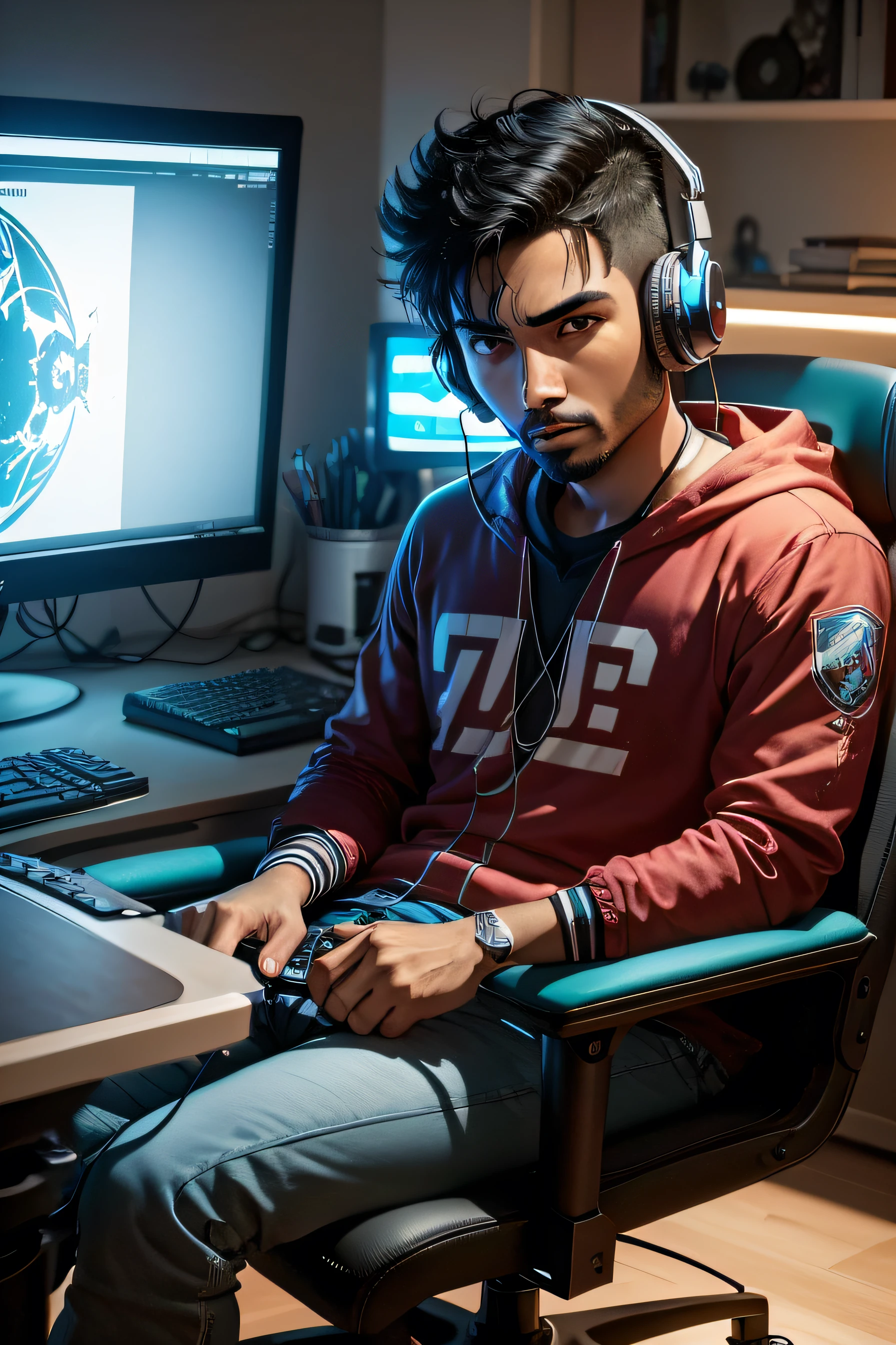 Miguel is in his room, sitting in his gaming chair com um computer in front of him. He's wearing headphones and holding a joystick, com um "League of Legends" tela no monitor em segundo plano. Your eyes are focused on the screen, and your face conveys emotion as you play