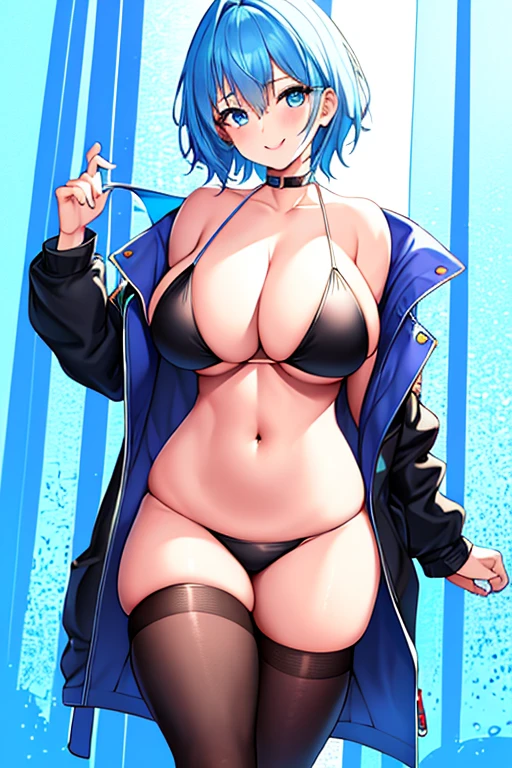 1girl, large breasts, breasts, thick thighs, hourglass figure, toned, smile, light smile, blue hair, light blue hair, blue eyes, very short hair, pixie cut, shoes, sneakers, thighhighs, bikini, black bikini, jacket, black jacket, open jacket, neon trim, neon, neon lights, blue trim, tech, machinery, science-fiction, futuristic