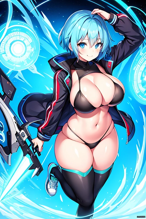 1girl, large breasts, breasts, thick thighs, hourglass figure, toned, smile, light smile, blue hair, light blue hair, blue eyes, very short hair, pixie cut, shoes, sneakers, thighhighs, bikini, black bikini, jacket, black jacket, open jacket, neon trim, neon, neon lights, blue trim, tech, machinery, science-fiction, futuristic