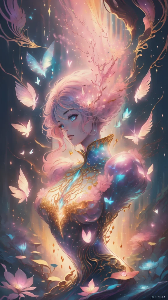 (((masterpiece))), (((best quality))), ((ultra-detailed)),(highly detailed CG illustration), ((an extremely delicate and beautiful)),cinematic light, Create a stunning fantasy artwork that mimics the style of currently trending masters of the genre. The art piece should contain elements of both mythic fantasy and fairytale fantasy with colorful accents. ((Utilize various shades of pink and watercolor pastels as the main color scheme.)) The character in the artwork is a delicate but strong figure with an aura of mystery and magic. Pay close attention to intricate facial features, such as mesmerizing eyes with vibrant colors and bold shading. The character's clothing should be designed with gossamer feathers, silk, stunning embroidery, and subtle iridescent details. Incorporate dreamy colors, dynamic lighting, and detailed background elements to create a sense of awe and immersion. Include colorful flying magical birds and jewel-toned butterflies radiating a magical aura. Consider the latest trends in fantasy art, such as incorporating unique lighting effects, exploring dynamic and compelling composition techniques, and experimenting with unique color palettes. Take inspiration from the top artists on ArtStation and Midjourney. Camera: Choose an angle that highlights the character's beauty and enhances the magical majesty of the artwork. Lighting: Utilize atmospheric lighting techniques to create depth and mood. Resolution: Aim for a high-resolution artwork to showcase intricate details and clarity. Art Inspirations: Seek inspiration from the trending artists on ArtStation, exploring different styles, genres, and themes.