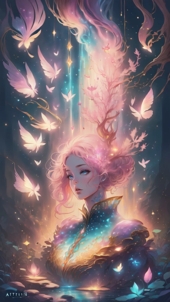 (((masterpiece))), (((best quality))), ((ultra-detailed)),(highly detailed CG illustration), ((an extremely delicate and beautiful)),cinematic light, Create a stunning fantasy artwork that mimics the style of currently trending masters of the genre. The art piece should contain elements of both mythic fantasy and fairytale fantasy with colorful accents. ((Utilize various shades of pink and watercolor pastels as the main color scheme.)) The character in the artwork is a delicate but strong  figure with an aura of mystery and magic. Pay close attention to intricate facial features, such as mesmerizing eyes with vibrant colors and bold shading. The character's clothing should be designed with gossamer feathers, silk, stunning embroidery, and subtle iridescent details. Incorporate dreamy colors, dynamic lighting, and detailed background elements to create a sense of awe and immersion. Include colorful flying magical birds and jewel-toned butterflies radiating a magical aura. Consider the latest trends in fantasy art, such as incorporating unique lighting effects, exploring dynamic and compelling composition techniques, and experimenting with unique color palettes. Take inspiration from the top artists on ArtStation and Midjourney. Camera: Choose an angle that highlights the character's beauty and enhances the magical majesty of the artwork. Lighting: Utilize atmospheric lighting techniques to create depth and mood. Resolution: Aim for a high-resolution artwork to showcase intricate details and clarity. Art Inspirations: Seek inspiration from the trending artists on ArtStation, exploring different styles, genres, and themes.