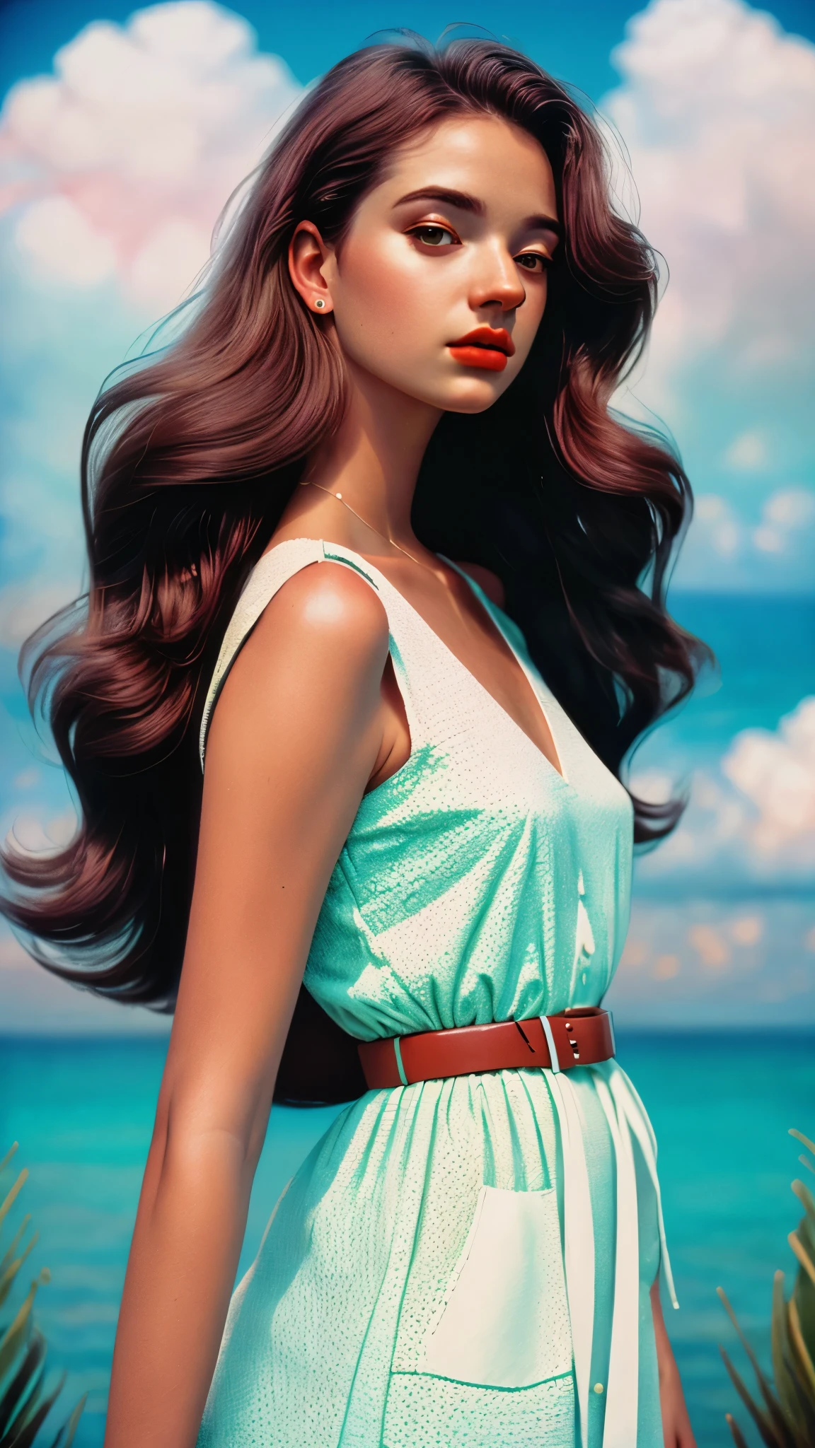 (, line art, halftone),((startled,full shot body,looking at viewer, )),(perfect face, wide hips),(Pastel colors,dreamscape,white sky, rainwater, ocean,) Normal looking 20-year-old Swiss, Polish, Mexican woman, natural dark blonde, wearing a v neck backless black dress with red belt
analog photography, grain film, vintage photo, portra 400, flash, in the style of lo-fi aesthetics:: --ar 2:3 --v 5.1 --s 250 --style raw