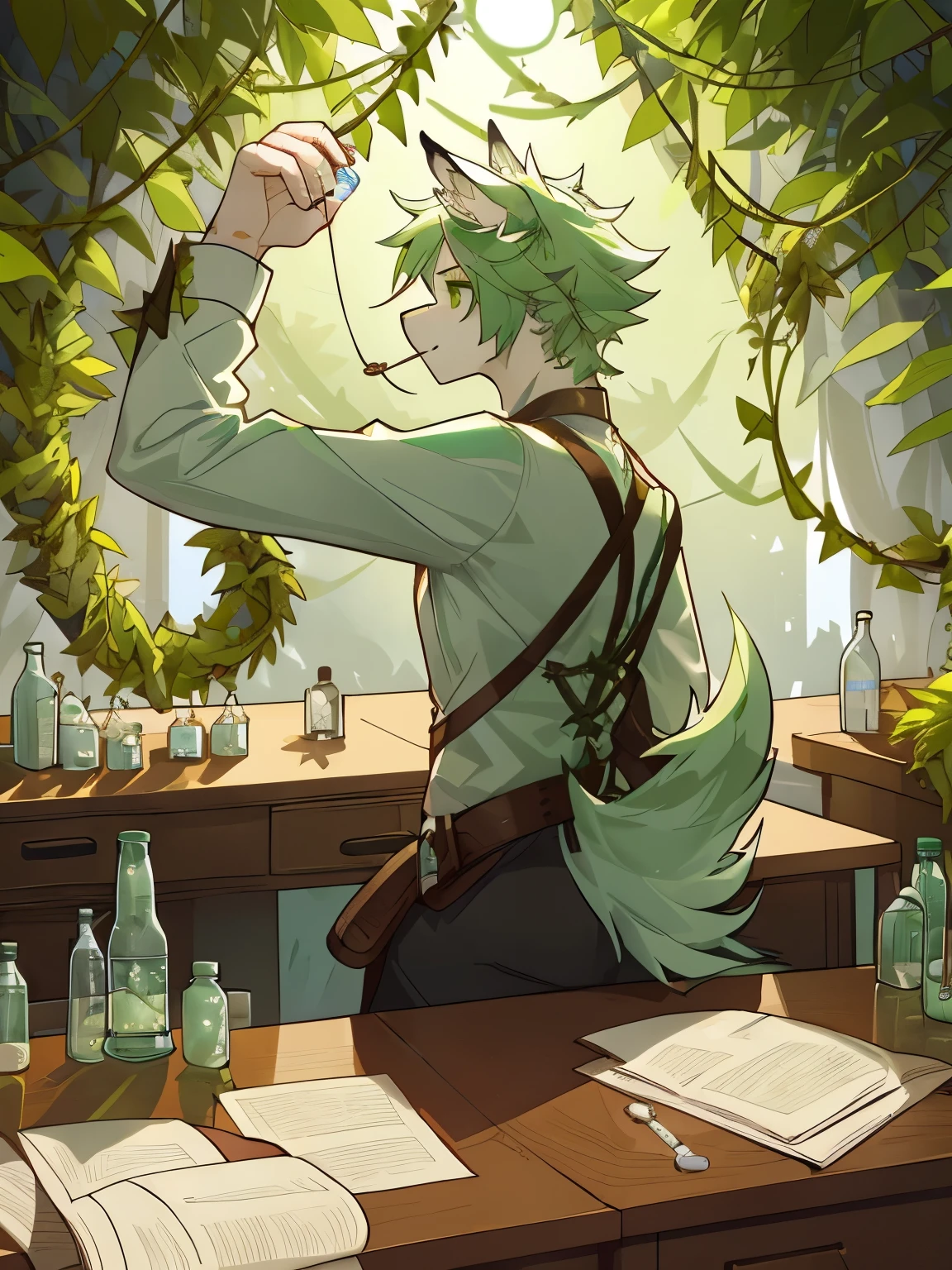 (best qualtiy，Fidelity1.4)solo person，Side-faced wolf-eared young male，Light green hair，White belly，monocle，sittinng on the desk，Hold the medicine bottle in your hand，The head is entangled with vines，Look back and shoot down，Presents a surreal illusion