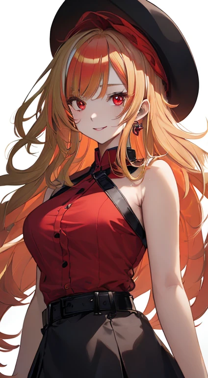 Beautiful anime girl, solo, 1girl, looking at viewer, cute, beautiful, red eyes, long hair, open hair, blonde hair, strawhat, one piece, smiling, smooth skin, light skin, red lips, anime, best quality, masterpiece, extremely detailed, 4k, red eyes, beautiful red eyes, detailed face, detailed eyes, black bra, red open shirt, black skirt, golden belt, golden necklace, golden earings, standing, stable eyes, extremely beautiful, highres, high quality eyes, hair covering one eye, fire powers, wanostyle, ((masterpiece)), (best quality), (extremely detailed), depth of field, sketch, dark intense shadows, sharp focus, soft lighting, hdr, colorful, good composition, spectacular, anime screencap, (Highest quality illustrations:1.2), (Kawaii Girl:1.1), (1girl in, solo:1.5), One pose、Neat and clean image、ultradetailed eyes:1.2), ((red-eyed、Blonde hair:1.5))、hair wavy、curlyhair、bangss, taken from the under、low angles、pantyshot、,The upper part of the body、huge smile、hi, hair wavy、BREAK(top-quality、ultra-detailliert、highly detailed and beautiful、超A high resolution、Detailed arm:1.2)、sideways Facing、a closeup、bustup, 