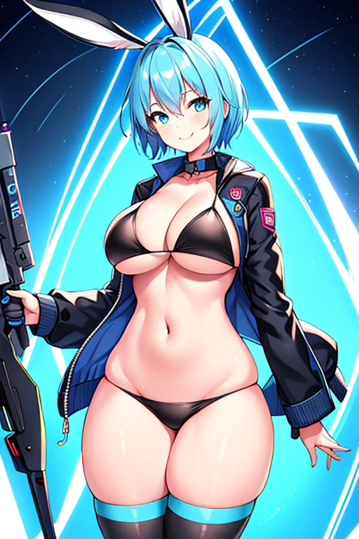 1girl, large breasts, breasts, thick thighs, hourglass figure, toned, smile, light smile, blue hair, light blue hair, blue eyes, very short hair, pixie cut, shoes, sneakers, thighhighs, bikini, black bikini, jacket, black jacket, open jacket, neon trim, neon, neon lights, blue trim, tech, machinery, science-fiction, futuristic, bunny ears, rabbit ears, cropped jacket, ((cropped jacket))