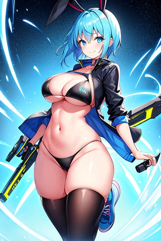 1girl, large breasts, breasts, thick thighs, hourglass figure, toned, smile, light smile, blue hair, light blue hair, blue eyes, very short hair, pixie cut, shoes, sneakers, thighhighs, bikini, black bikini, jacket, black jacket, open jacket, neon trim, neon, neon lights, blue trim, tech, machinery, science-fiction, futuristic, bunny ears, rabbit ears, cropped jacket, ((cropped jacket))