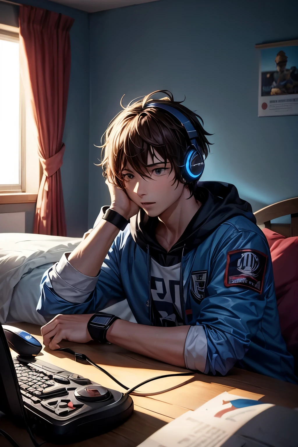 Un homme avec un casque gamer jouant au jeux video dans sa chambre, d'un air surpris