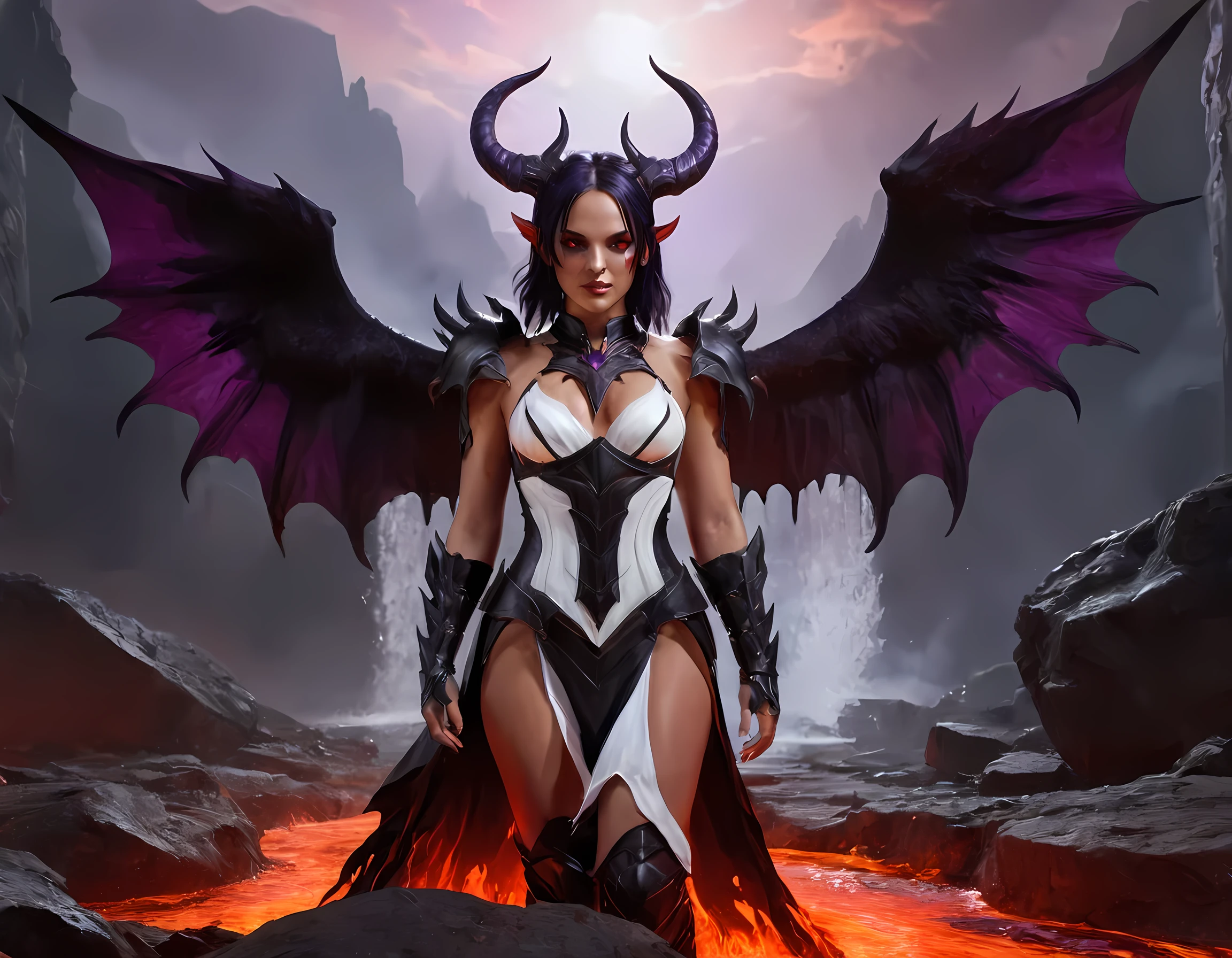 fantasy art, RPG art, masterpiece, a portrait picture o hellish female demon from hell, she has (black horns: 1.2), (black: 1.2) demon wings, (red: 1.3) skin, red lava dripping from her, she wears (white: 1.3) armor, (purple: 1.3) ArmoredDress, streams of rolling lava, hell in the background, 3d rendering, shadow wings