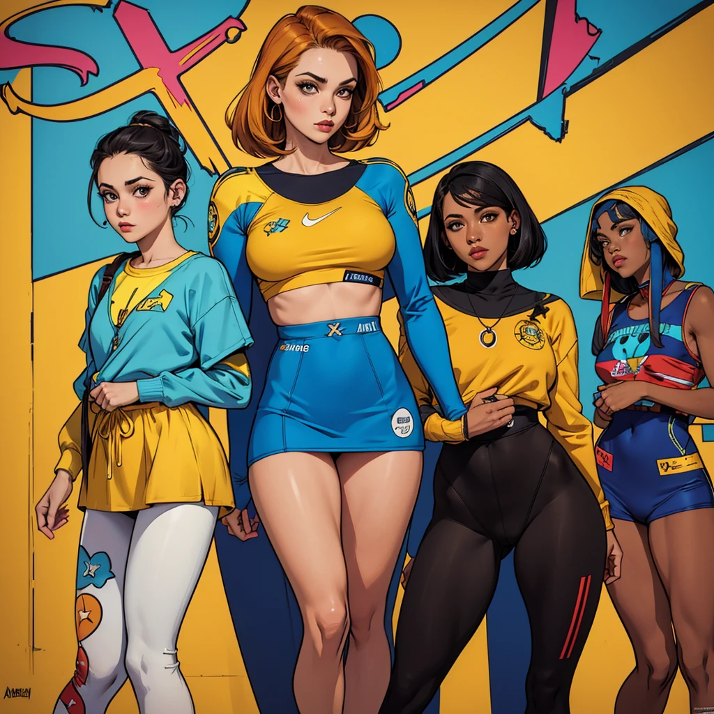 uma mulher com roupas coloridas, tights e fones de ouvido, no estilo de detalhes comics americano, retratos detalhados, airbrush art, classic americano, dark amber and blue, amarelo e vermelho