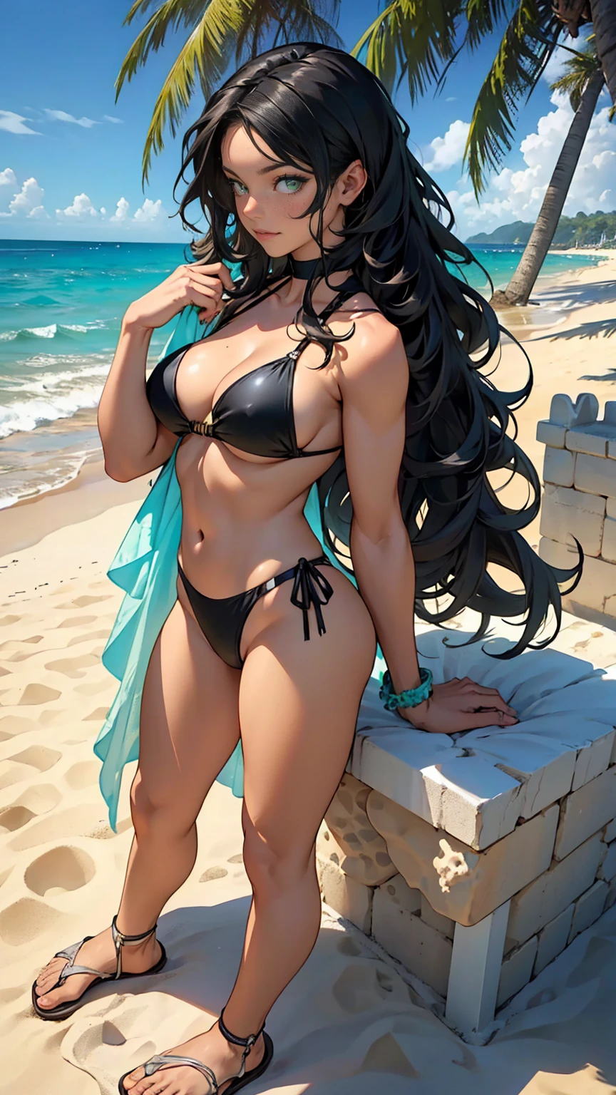(masterpiece, Best quality, high resolution, ultra detailed), (beautiful and aesthetic: 1.2), ((1 woman)), ((black long hair)), (( wavy hair )), ((green eyes)), female focus, perfect body, (slight smile: 0.8), detailed eyes and face , full-length figure, swimsuit, pareo, beach flip-flops, beach, sand, palm trees, sea, waves, play on the beach, sand castles, shells, crabs, sun, golden hour, ((build sand castles))