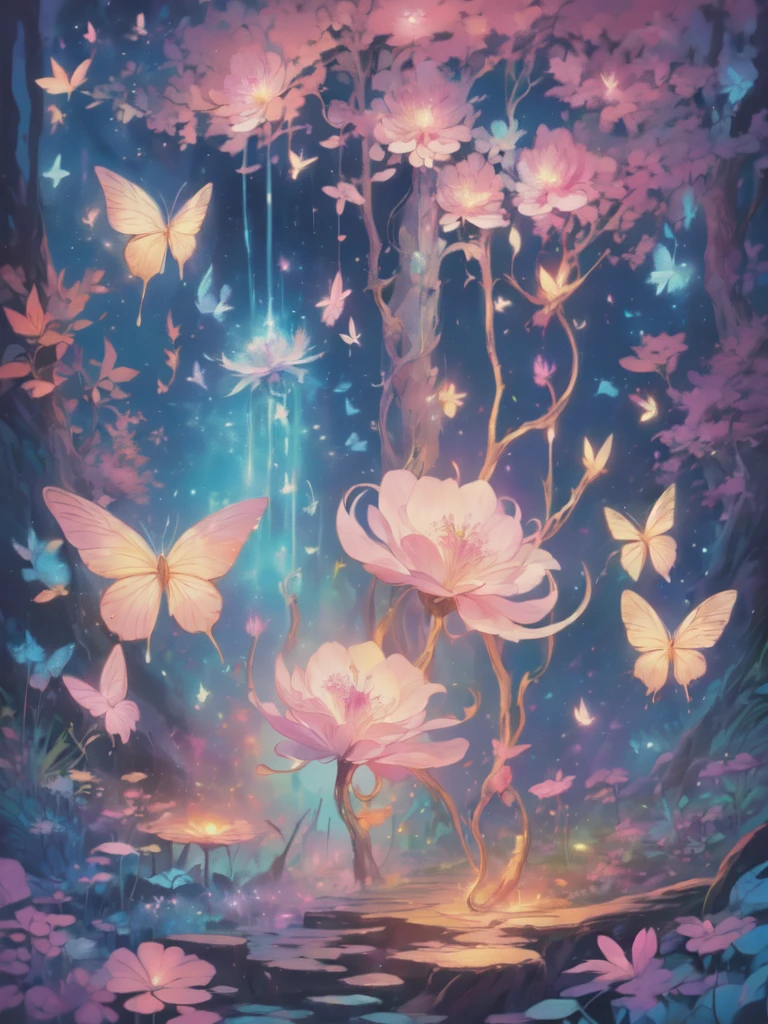 (((masterpiece))), (((best quality))), ((ultra-detailed)),(highly detailed CG illustration), ((an extremely delicate and beautiful)),cinematic light, Create a stunning fantasy artwork that mimics the style of currently trending masters of the genre. The art piece should contain elements of both mythic fantasy and fairytale fantasy with colorful accents. ((Utilize various shades of pink and watercolor pastels as the main color scheme.)) The character in the artwork is a delicate but strong figure with an aura of mystery and magic. Pay close attention to intricate facial features, such as mesmerizing eyes with vibrant colors and bold shading. The character's clothing should be designed with gossamer feathers, silk, stunning embroidery, and subtle iridescent details. Incorporate dreamy colors, dynamic lighting, and detailed background elements to create a sense of awe and immersion. Include colorful flying magical birds and jewel-toned butterflies radiating a magical aura. Consider the latest trends in fantasy art, such as incorporating unique lighting effects, exploring dynamic and compelling composition techniques, and experimenting with unique color palettes. Take inspiration from the top artists on ArtStation and Midjourney. Camera: Choose an angle that highlights the character's beauty and enhances the magical majesty of the artwork. Lighting: Utilize atmospheric lighting techniques to create depth and mood. Resolution: Aim for a high-resolution artwork to showcase intricate details and clarity. Art Inspirations: Seek inspiration from the trending artists on ArtStation, exploring different styles, genres, and themes.