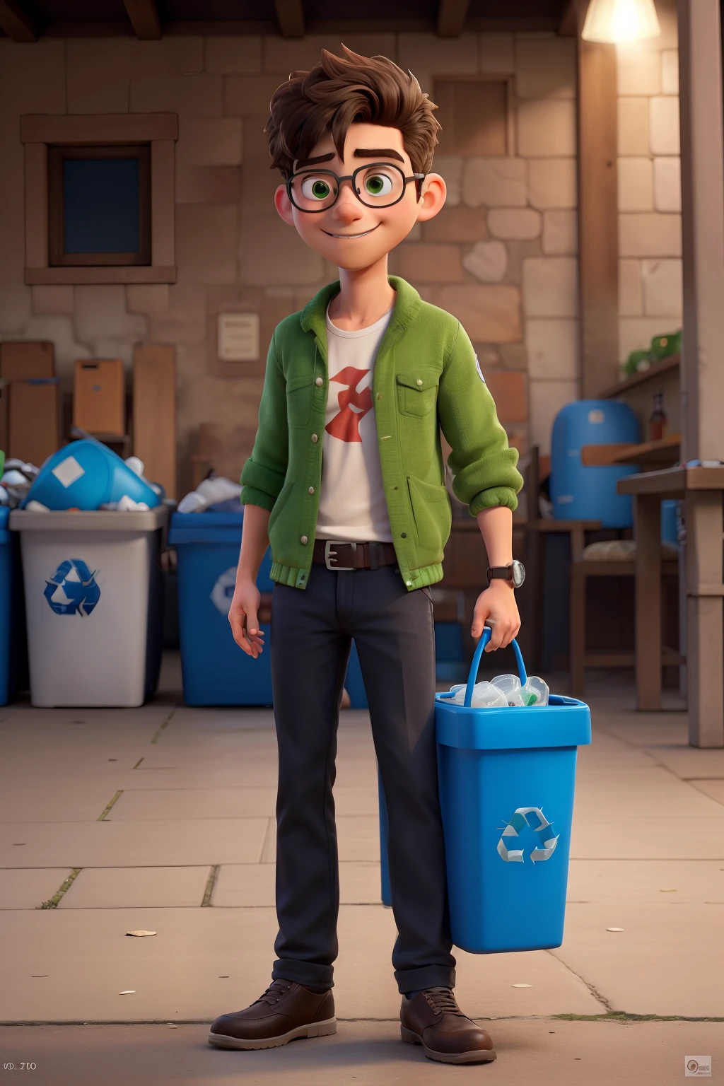 A photograph of a young man, cabello rubio oscuro, ojos verdes, usa lentes, is happy recycling a drink can and plastic bottles in recycling bins, los basureros tienen logos de reciclaje, cara detallada, ropa discreta, el lugar es bonito y ordenado, retrato, 8k hd, alta calidad