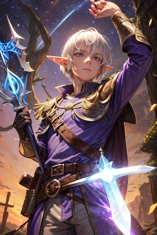 Elf man in his 30s with short platinum blonde hair, short messy hairstyle with fringe, pointed elf ears, purple medieval knight clothing, silver star prayer, purple eyes holding a pair of sword with star emblem, brown boots, belt brown leather, star decorations on the belt, forest background with magic symbols