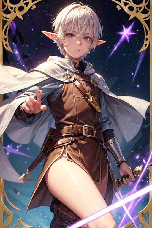 Elf man in his 30s with short platinum blonde hair, short messy hairstyle with fringe, pointed elf ears, purple medieval knight clothing, silver star prayer, purple eyes holding a pair of sword with star emblem, brown boots, belt brown leather, star decorations on the belt, forest background with magic symbols