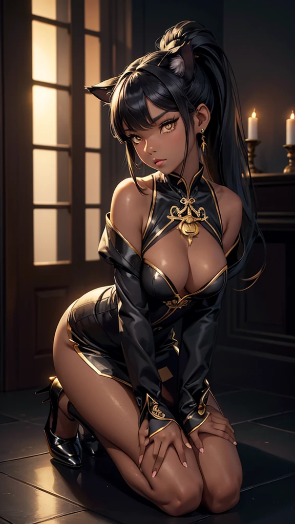 (high resolution, full body, soft skin:1.2),(best illustration,masterpiece:1.2),ultra-detailed,[(cat ears , black inside:1.2, black ponytail hair, gold eyes, cat eyes, dark skin),vivid colors,sharp focus,studio lighting,bokeh, wearing a gold qupao, dark stockings, high heels, kneeling