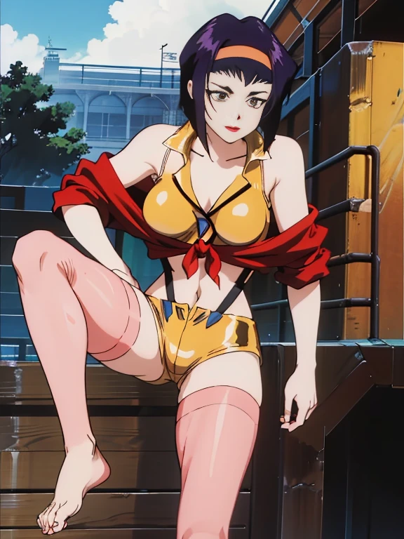 puntaje_9, puntaje_8_arriba,puntaje_7_arriba, puntaje_6_arriba, puntaje_5_arriba, puntaje_4_arriba, 
valla de rejilla, alley, alley oscuro, al aire libre, noche, dim lighting, lines of movement, 
cuerpo completo, ((a girl leaning against a fence)), ((foot arriba on fence)), 1 chica , faye san valentin(vaquero bebop), burbuja-trasero, cintura delgada, ((tetas enormes)), pale skin, cabello purpura, diadema amarilla, cabello corto, bobcut, cachonda, camisa con botones amarillos, pantalones cortos amarillos, botas-blancas, chaqueta-holgada-roja, Medias blancas, Gafas de sol de aviador rostro perfecto, perfect ,  dynamic pose, pose seductora
