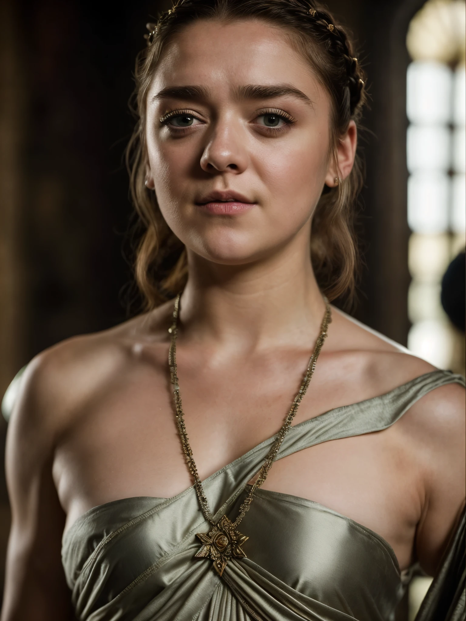 Foto RAW, Arya Stark, Extremely gorgeous lady, Arya Stark PLAYED BY MAISIE WILLIAMS, Queen Arya Stark, she  a mature woman now, milf, sexy mediaeval battle dress, gladiator woman, body, 40 years old Woman, Roman slave dress, cotton dress, busty mediaeval costumes, body revealing costumes, perky breast, big natural breast, erotic costumes, lusty physique, seductive figure can capture every people's attention, Game of thrones costumes, revealing captivating figure, Mediaeval costumes, revealing clothes, A tomboy, she would rather fence than dance, warrior queen , game of thrones screen caps, Game of Thrones Series, (pele altamente detalhada: 1.2), 8k UHD, DSLR, soft-lighting, alta qualidade, grain of film, Fujifilm XT3, flawless picture, highly detailed, detailed Beauty, intricate, 32k, sharp picture,