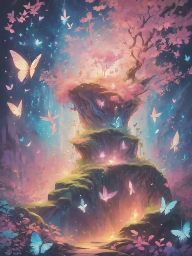 (((masterpiece))), (((best quality))), ((ultra-detailed)),(highly detailed CG illustration), ((an extremely delicate and beautiful)),cinematic light, Create a stunning fantasy artwork that mimics the style of currently trending masters of the genre. The art piece should contain elements of both mythic fantasy and fairytale fantasy with colorful accents. ((Utilize various shades of pink and watercolor pastels as the main color scheme.)) The character in the artwork is a delicate but strong figure with an aura of mystery and magic. Pay close attention to intricate facial features, such as mesmerizing eyes with vibrant colors and bold shading. The character's clothing should be designed with gossamer feathers, silk, stunning embroidery, and subtle iridescent details. Incorporate dreamy colors, dynamic lighting, and detailed background elements to create a sense of awe and immersion. Include colorful flying magical birds and jewel-toned butterflies radiating a magical aura. Consider the latest trends in fantasy art, such as incorporating unique lighting effects, exploring dynamic and compelling composition techniques, and experimenting with unique color palettes. Take inspiration from the top artists on ArtStation and Midjourney. Camera: Choose an angle that highlights the character's beauty and enhances the magical majesty of the artwork. Lighting: Utilize atmospheric lighting techniques to create depth and mood. Resolution: Aim for a high-resolution artwork to showcase intricate details and clarity. Art Inspirations: Seek inspiration from the trending artists on ArtStation, exploring different styles, genres, and themes.