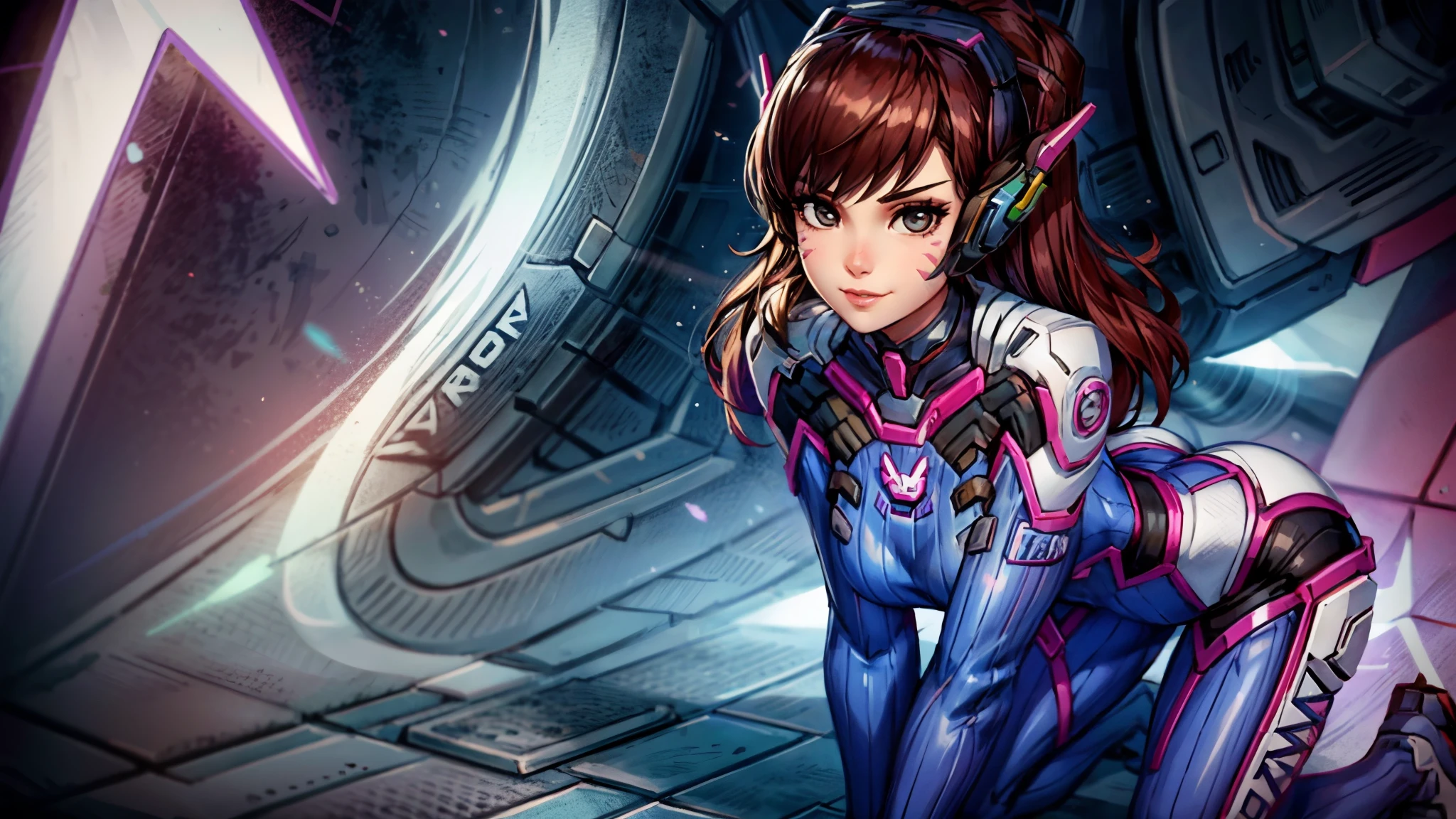 A girl ,from knee shot,cosplaying Dva from the game Overwatch, with a Halloween background. The portrait is of the highest quality (best quality, masterpiece:1.1) and has a realistic appearance (realistic:1.4). The focus is on the detailed depiction of the girl's face, specifically her beautiful eyes, detailed lips, and long eyelashes. The girl is dressed in a cosplay costume of the character Dva from Overwatch, and the scene is set against a Halloween-themed background. The colors of the portrait are vibrant and vivid. The lighting is well-balanced, highlighting the girl's features and creating a visually appealing atmosphere.,kneeling, show ass,smirk,full body pose,ass pose