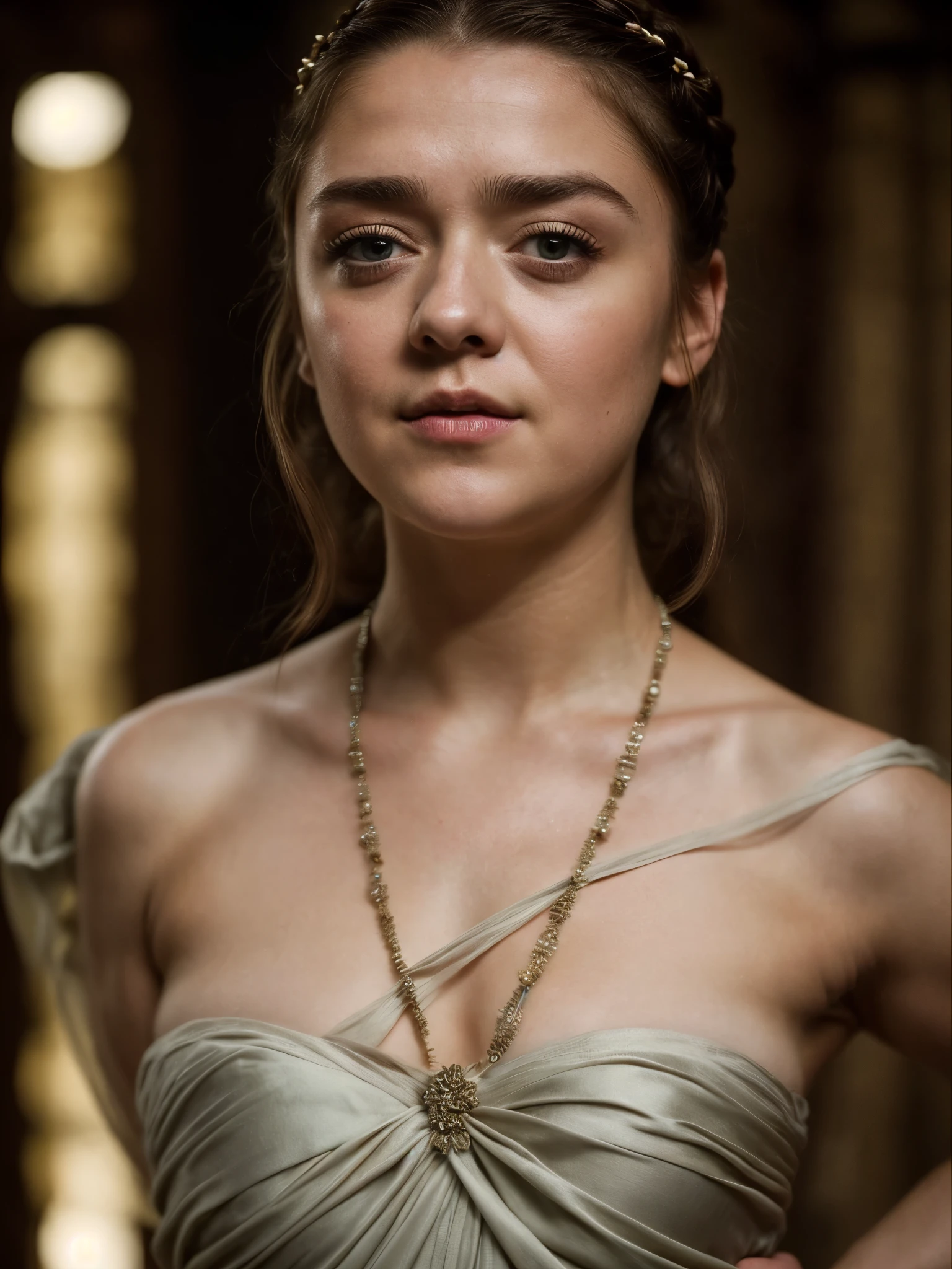 Foto RAW, Arya Stark, Extremely gorgeous lady, Arya Stark PLAYED BY MAISIE WILLIAMS, Queen Arya Stark, she a mature woman now, milf, sexy mediaeval battle dress, gladiator woman, body, 40 years old Woman, Roman slave dress, cotton dress, busty mediaeval costumes, body revealing costumes, perky breast, big natural breast, erotic costumes, lusty physique, seductive figure can capture every people's attention, Game of thrones costumes, revealing captivating figure, Mediaeval costumes, revealing clothes, A tomboy, she would rather fence than dance, warrior queen , game of thrones screen caps, Game of Thrones Series, (pele altamente detalhada: 1.2), 8k UHD, DSLR, soft-lighting, alta qualidade, grain of film, Fujifilm XT3, flawless picture, highly detailed, detailed Beauty, intricate, 32k, sharp picture,