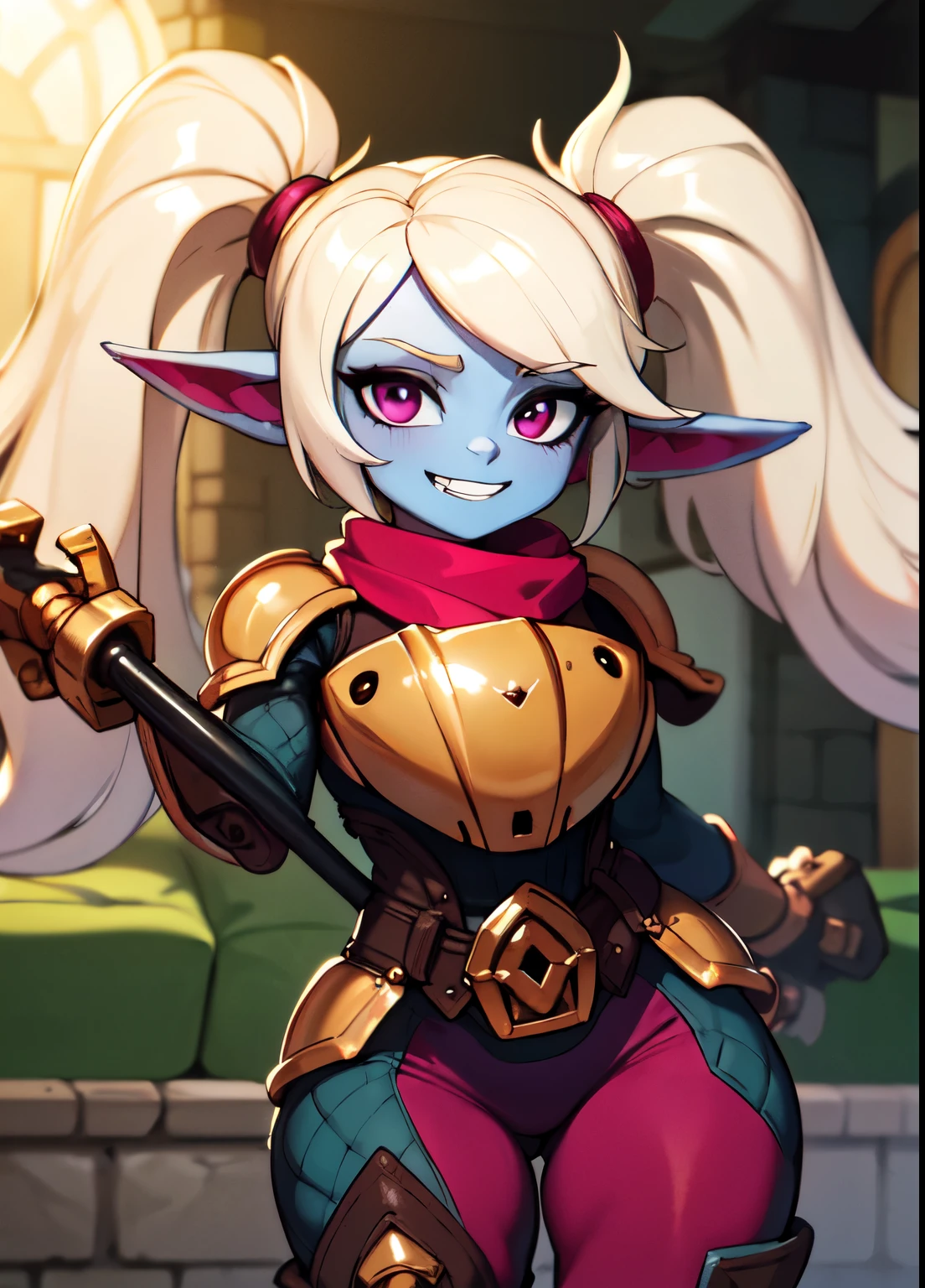 ((best quality)), ((highly detailed)), absurdres, extremely detailed face, beautiful face, (detailed eyes, deep eyes), (1woman), dynamic pose, cowboy shot, (poppy:1.1), yordle, blonde hair, twintails, magenta eyes, short, curvy, wide hips, ((colored skin, light blue skin)), large breasts, grin, armor, green pants:.3, scarf, (holding hammer), (inside, in a castle)