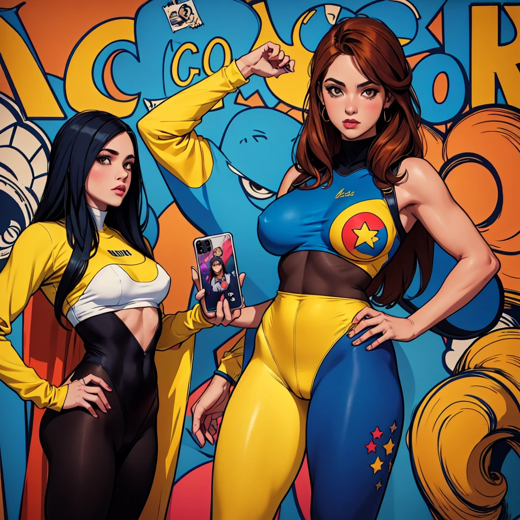 uma mulher com roupas coloridas, tights e fones de ouvido, no estilo de detalhes comics americano, retratos detalhados, airbrush art, classic americano, dark amber and blue, amarelo e vermelho