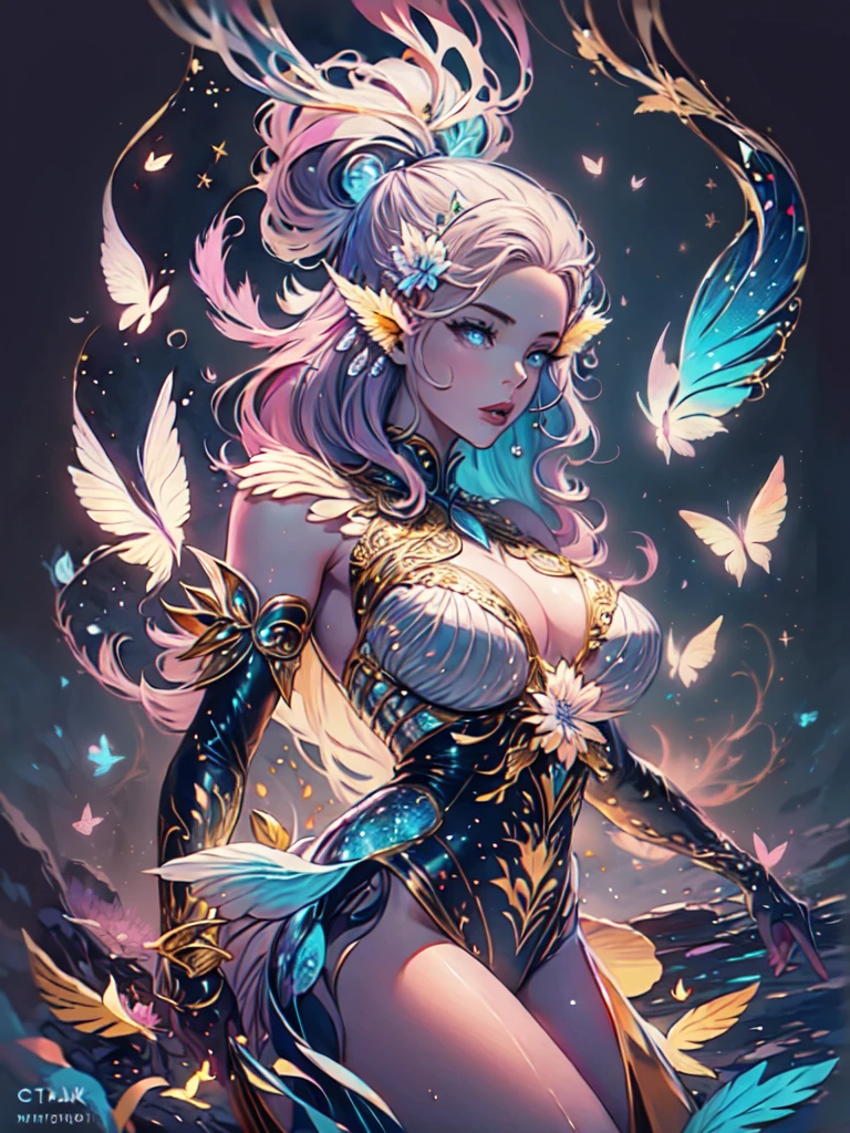 (((masterpiece))), (((best quality))), ((ultra-detailed)),(highly detailed CG illustration), ((an extremely delicate and beautiful)),cinematic light, Create a stunning fantasy artwork that mimics the style of currently trending masters of the genre. The art piece should contain elements of both mythic fantasy and fairytale fantasy with colorful accents. ((Utilize various shades of pink and watercolor pastels as the main color scheme.)) The character in the artwork is a delicate but strong figure with an aura of mystery and magic. Pay close attention to intricate facial features, such as mesmerizing eyes with vibrant colors and bold shading. The character's clothing should be designed with gossamer feathers, silk, stunning embroidery, and subtle iridescent details. Incorporate dreamy colors, dynamic lighting, and detailed background elements to create a sense of awe and immersion. Include colorful flying magical birds and jewel-toned butterflies radiating a magical aura. Consider the latest trends in fantasy art, such as incorporating unique lighting effects, exploring dynamic and compelling composition techniques, and experimenting with unique color palettes. Take inspiration from the top artists on ArtStation and Midjourney. Camera: Choose an angle that highlights the character's beauty and enhances the magical majesty of the artwork. Lighting: Utilize atmospheric lighting techniques to create depth and mood. Resolution: Aim for a high-resolution artwork to showcase intricate details and clarity. Art Inspirations: Seek inspiration from the trending artists on ArtStation, exploring different styles, genres, and themes.