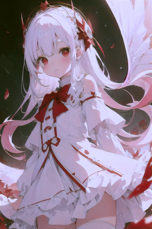 beautiful illustration, best quality, cute petit girl, (transform sequence), transform magical girl, chibi, white magical girl, fractal art, albino, babyface, long pure white and red mesh hair, beautiful detailed red eyes, cinematic lighting, cowboy shot, looking at viewer, from bottom, happy