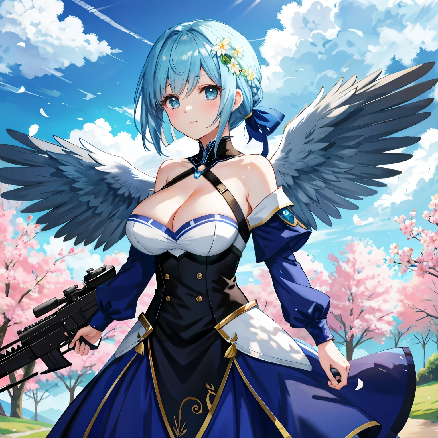 - **Theme:** A quiet moment of being one with nature during a crisp, bright day in spring or early summer, BRAKE,
- **Style:** Photorealistic style, exquisitely created in detail, white anime Barbie, biomechanical, anime moe art style, dress, desktop background, biomechanical big breasts, Fate/Stay Night, Fate /Grand Order, BRAKE,
- **Image quality:** Super resolution, top quality, super detail, super detailed illustrations, super detailed beauty, high quality and detailed art, 4K digital art, detailed animation, highly detailed short full body portraits , pixiv digital art, anime art wallpaper 8K, Ultra-detail, highest quality, ultra-fine illustration, ultra-fine beauty, BRAKE,
## character
- **Emotions and Movements:** Calm and graceful movements, BRAKE,
- **Body shape: **Smooth body structure, cleavage (between breasts), erection of nipple, hanging breasts, armpi¥ts, bare shoulders, breasts, caustics, collarbones, huge breasts, sagging breasts, moles, skin depressions, stomach, thighs , moistwith, BRAKE,
- **Costume and Color:**, Light blue dress, Flower and bear ear shaped headband, BRAKE,
- **Hairstyle: **Choose one of the 5 styles (long hair, ponytail, twin tails, bob cut, long braid) as the main hairstyle, and mix all the remaining 4 hairstyles. Choose the main hair color from gold, blue, and green, and add the remaining two as gradation colors, BRAKE,
- **Inventory and weapon details:** No specific items or weapons, BRAKE,
- **Wing details:** No wings, BRAKE,
## Background
- **Background and Color:** Blue sky and white clouds, many white and blue systematic flowers, BRAKE,
- **Perspective and composition:** Front view, character placed in the center, BRAKE,
- **Light and Shadow:** Light from above, soft shadows, BRAKE,