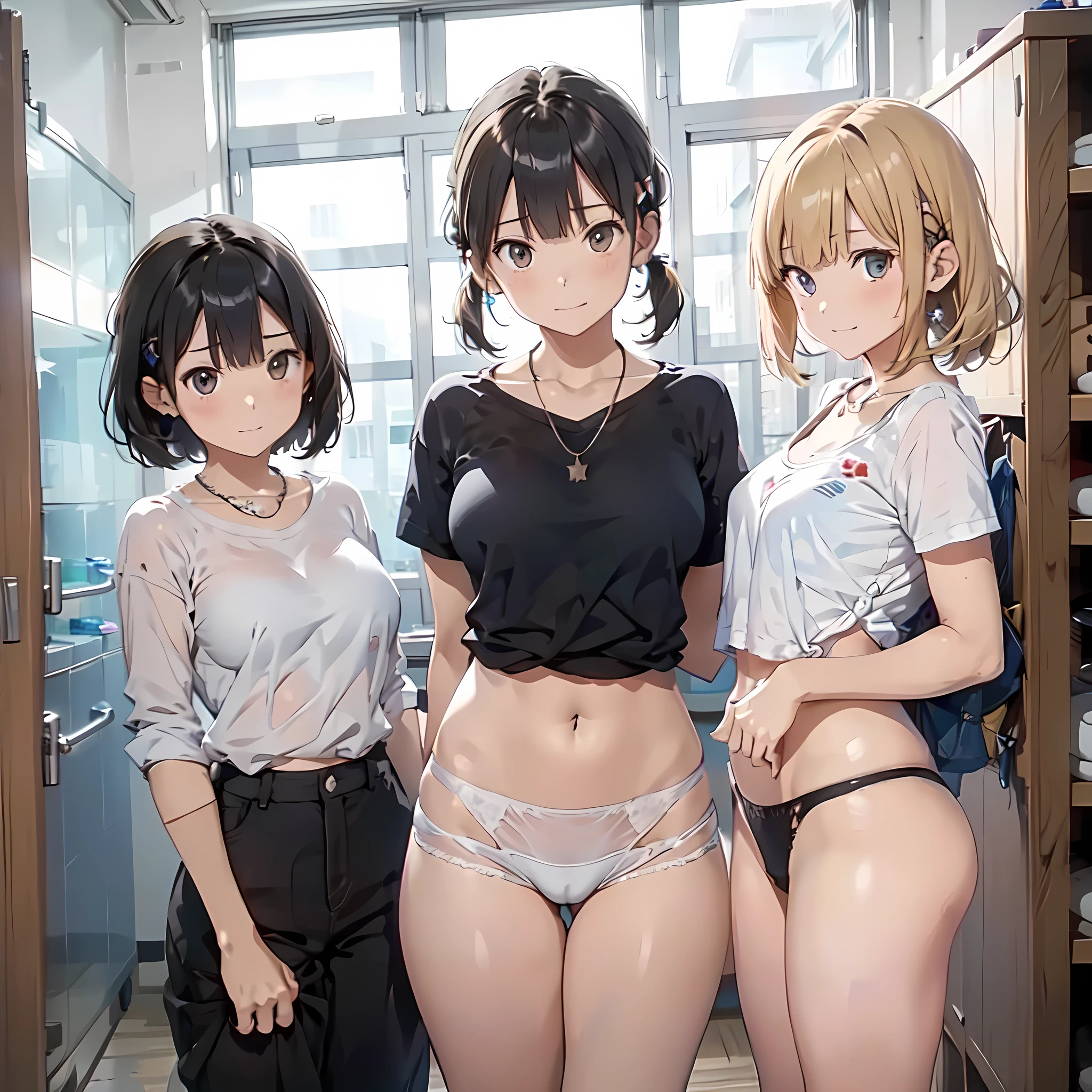 (masterpiece, best quality, ultra quality, high quality, hyper detailed, intricate detailed, perfect anatomy, shiny skin, body shot,), (3women are posing for a camera), (In the school changing room), slender, happy、fun、Laughing with your mouth open, brown hair, blond hair, silver hair, navel, jewelry, looking at viewer, necklace, long hair, short hair, Abdominal muscles, Thong,straight hair, bob cut, blunt bangs, silky hair, hair clip, hair band, hair ribbon, one-length haircut, ducktail, outward curled hair, French twist hair, twintails, side ponytail, single braid, wavy hair, 