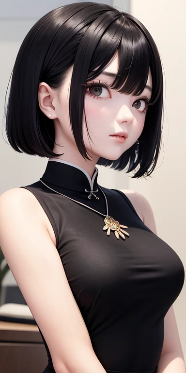 Top quality masterpiece illustrations、Black hair and black eyes、Wearing a necklace、Girl in cheongsam looking up、Beautiful face with hair on the side short hair at the angle of the lower body is fair.。