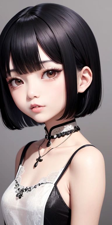 Top quality masterpiece illustrations、Black hair and black eyes、Wearing a necklace、Girl in cheongsam looking up、Beautiful face with hair on the side short hair at the angle of the lower body is fair.。