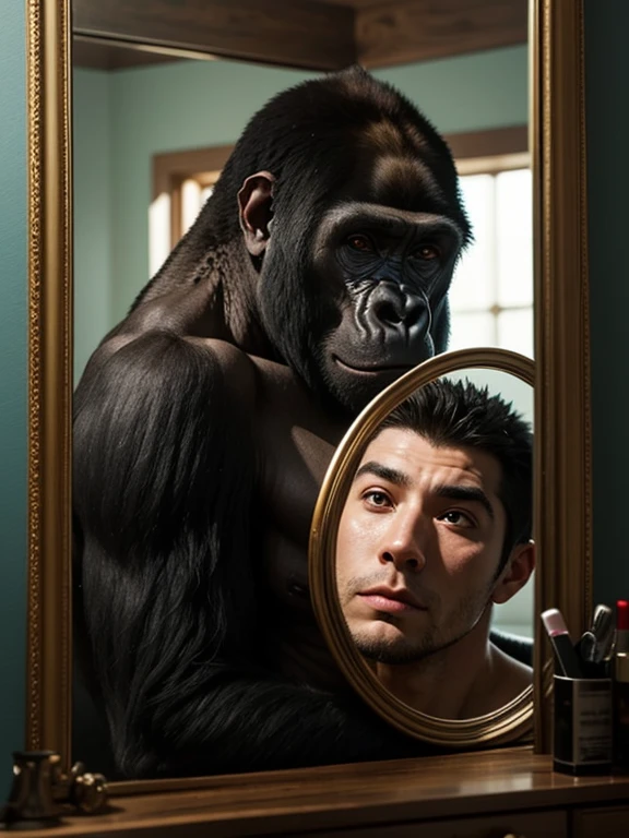 Man looking in the mirror, however, instead of a reflection he sees a gorilla