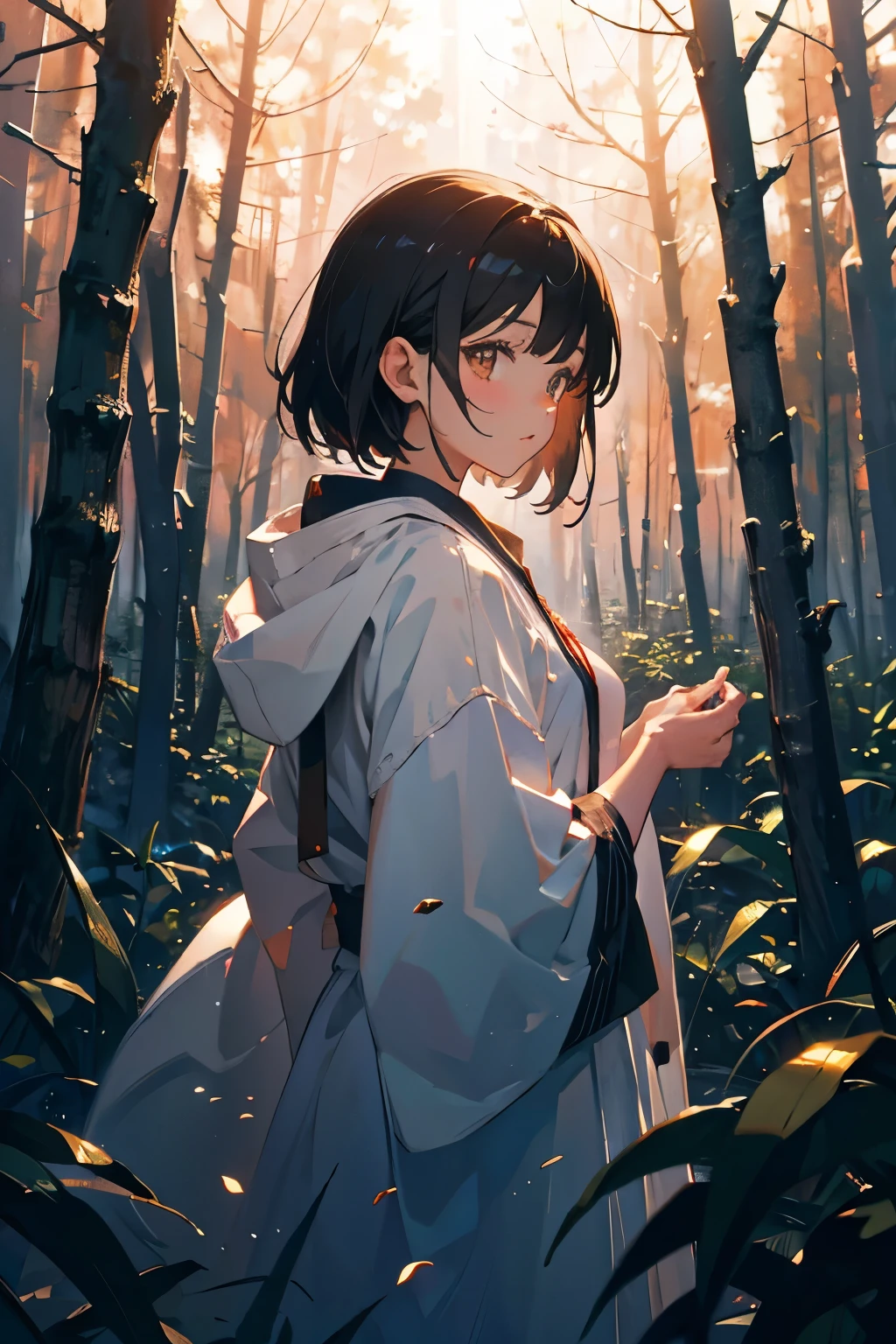 solo, young girl with short mesy black hair, deep brown eyes, thoughtful expression, long white robes, forest,dark scenery, sky