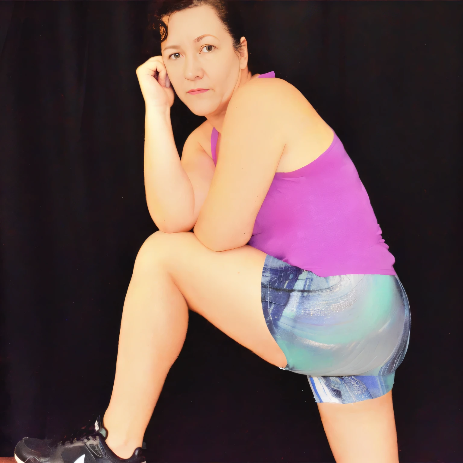there is a woman posing for the camera, black background, side pose, sitting on bent knees, photo of legs and hips, profile image, striking a cheeky pose, pose facing forward. She is wearing a vibrant purple sports tank top and heather shorts (((blue-gray-green-black))), suggesting an active lifestyle or athletic attire for working out. Sharp photo, high quality, high resolution (ultra quality masterpiece), Ultra HD, high contrast, 16K. Masterpiece: 1.3, high resolution, (photographically realistic), NUDE, NUDITY, NFSW.