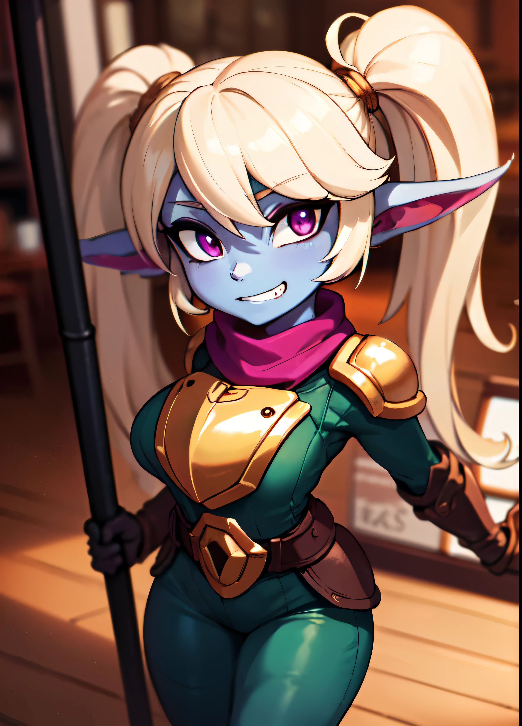((best quality)), ((highly detailed)), absurdres, extremely detailed face, beautiful face, (detailed eyes, deep eyes), (1woman), dynamic pose, cowboy shot, (poppy:1.1), yordle, blonde hair, twintails, magenta eyes, short, curvy, wide hips, ((colored skin, light blue skin)), large breasts, grin, armor, green pants:.3, scarf, (holding hammer), (inside, in a tavern)