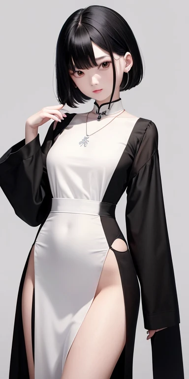 Top quality masterpiece illustrations、Black hair and black eyes、Wearing a necklace、Girl in white cheongsam looking up、Beautiful face with hair on the side short hair at the angle of the lower body is fair.。
