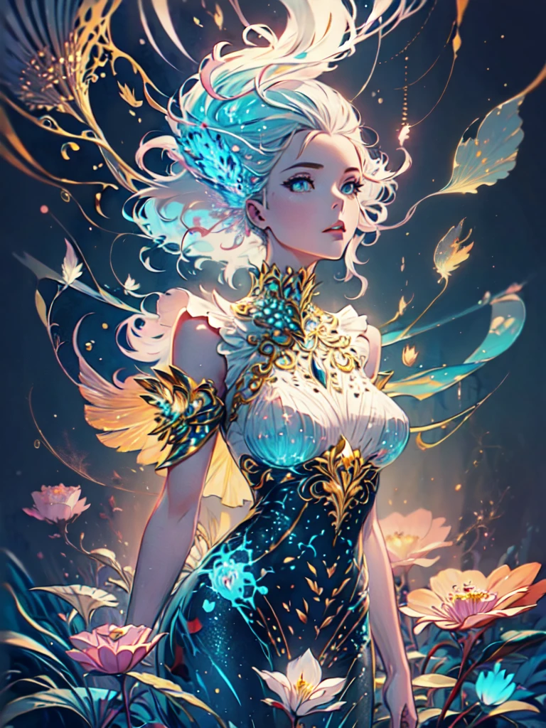 A captivating anime girl gracefully emerges from the pages of a watercolor painting, her vibrant and intricate colors breathing life into the artwork. She wears extraordinary fantasy costumes,Decorated with exquisite details, reflecting the enchanting world she inhabits. Luminescent elements, like glowing crystals and ethereal wisps, surround her, casting a soft, otherworldly glow. The watercolor style imbues the image with a sense of fluidity and delicacy, as if the colors are effortlessly blending and bleeding into one another. Camera shot: Medium Shot, Camera lens: softfocus, Lighting: luminescent glow, watercolor brushstrokes,