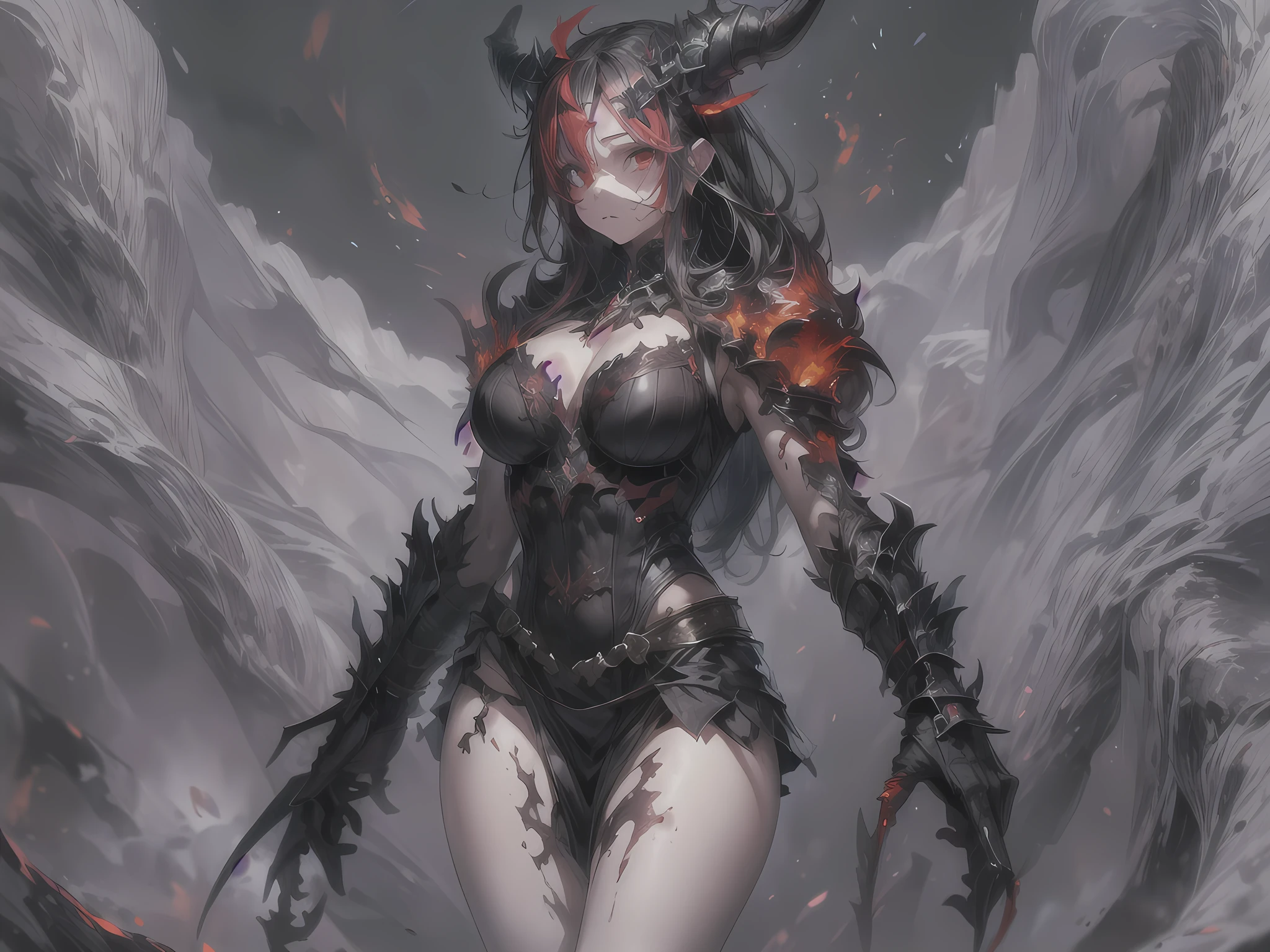 fantasy art, RPG art, masterpiece, a portrait picture o hellish female demon from hell, she has (black horns: 1.2), (black: 1.2) demon wings, (red: 1.3) skin, red lava dripping from her, she wears (white: 1.3) armor, hdsrmr, streams of rolling lava, hell in the background, 3d rendering