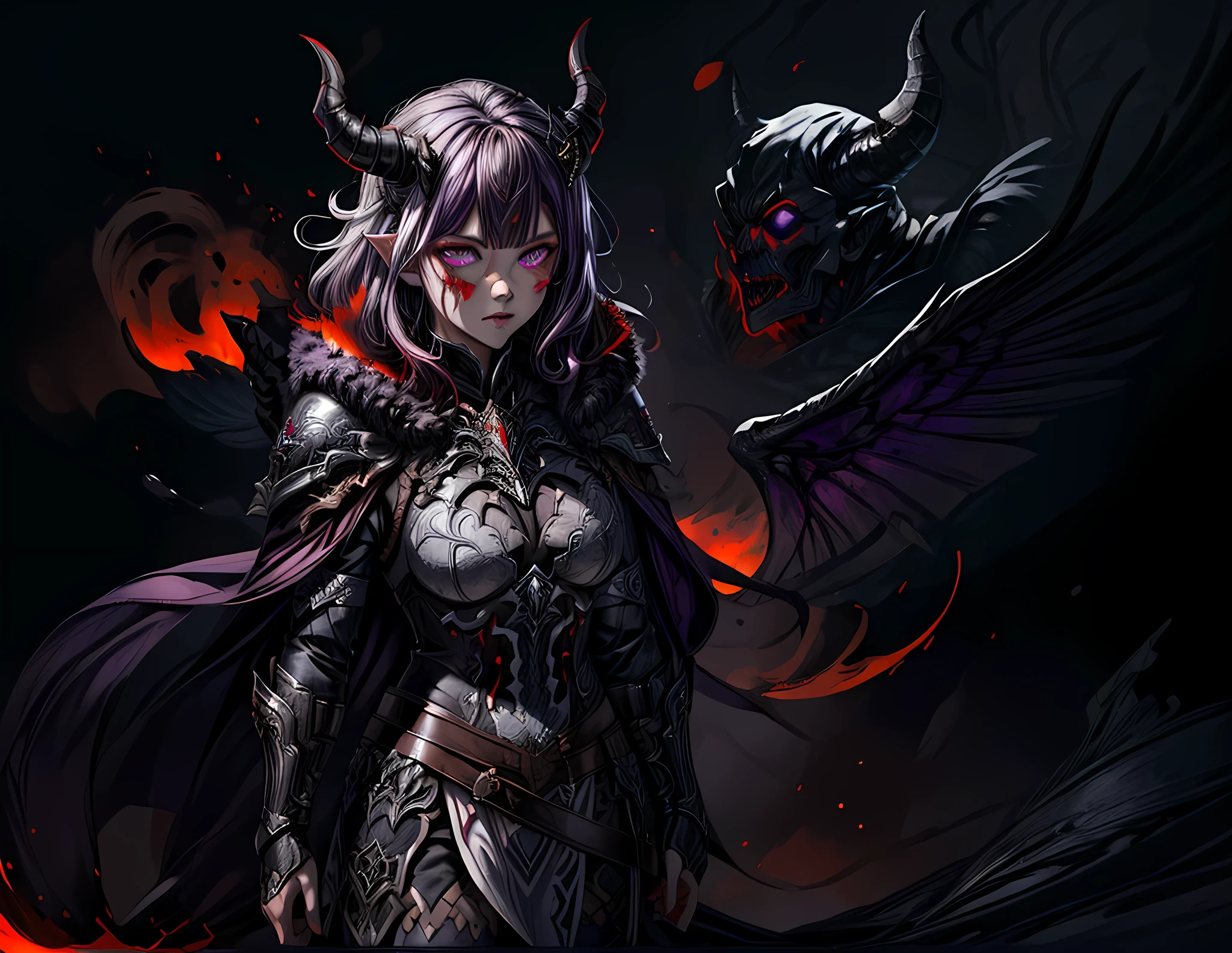 fantasy art, RPG art, masterpiece, a portrait picture o hellish female demon from hell, she has (black horns: 1.2), (black: 1.2) demon wings, (red: 1.3) skin, red lava dripping from her, she wears (white: 1.3) armor, (purple: 1.3) ArmoredDress, streams of rolling lava, hell in the background, 3d rendering, shadow wings