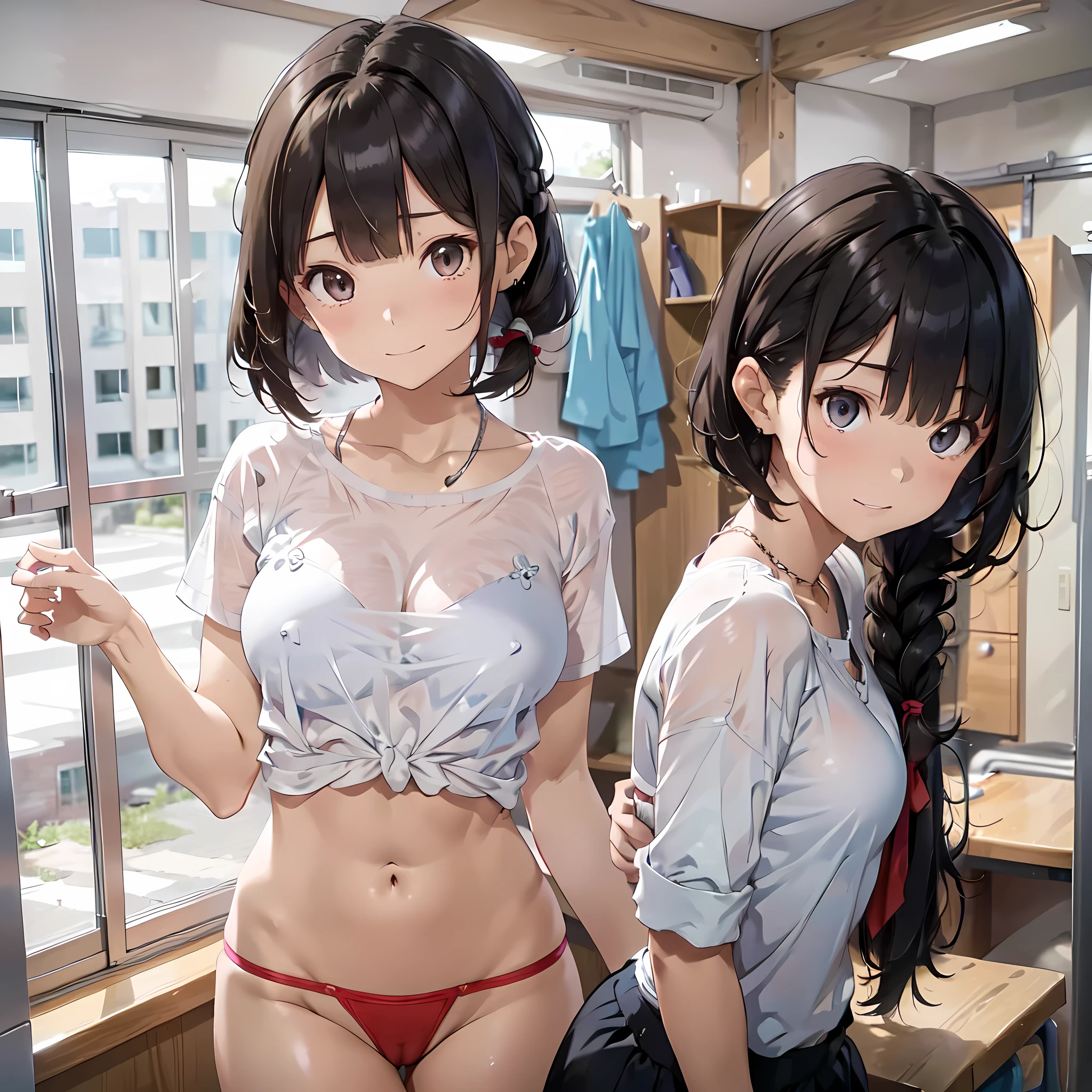 (masterpiece, best quality, ultra quality, high quality, hyper detailed, intricate detailed, perfect anatomy, shiny skin, body shot,), (3women are posing for a camera), (In the school changing room), slender, happy、fun、Laughing with your mouth open, brown hair, blond hair, silver hair, navel, jewelry, looking at viewer, necklace, long hair, short hair, Abdominal muscles, (Thong:1.2),straight hair, bob cut, blunt bangs, silky hair, hair clip, hair band, hair ribbon, one-length haircut, ducktail, outward curled hair, French twist hair, twintails, side ponytail, single braid, wavy hair,