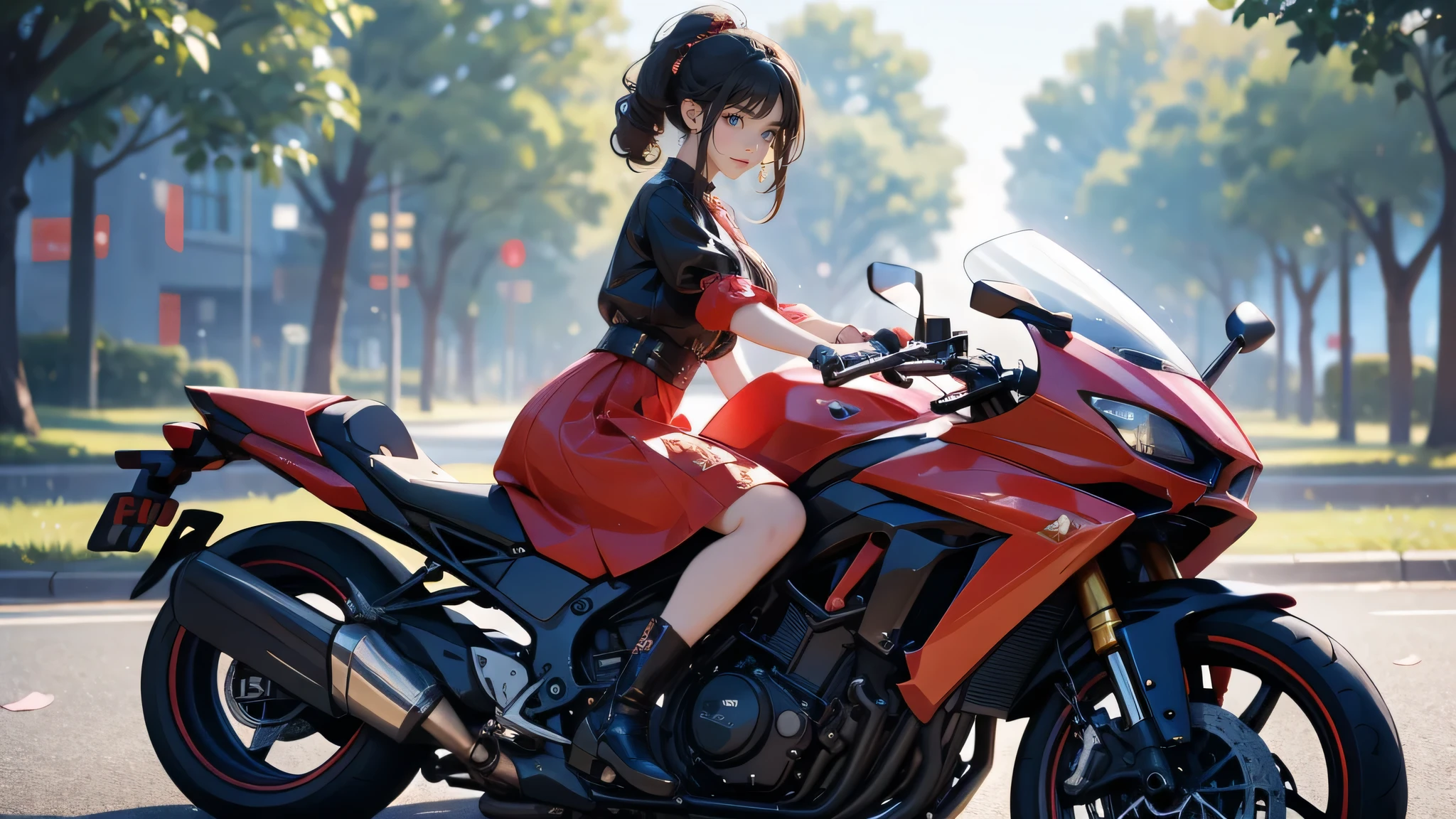 (girl riding a motorcycle:1.2),A park where cherry blossoms dance,gothic lolita dress,(random cute pose),(random hairstyle),(Highest image quality,(8K), Ultra-realistic, Best Quality, High quality, High Definition, high quality texture, high detailing, Beautiful detailed, fine detailed, extremely details CG, Detailed texture, realistic representation of face, masterpiece, presence)