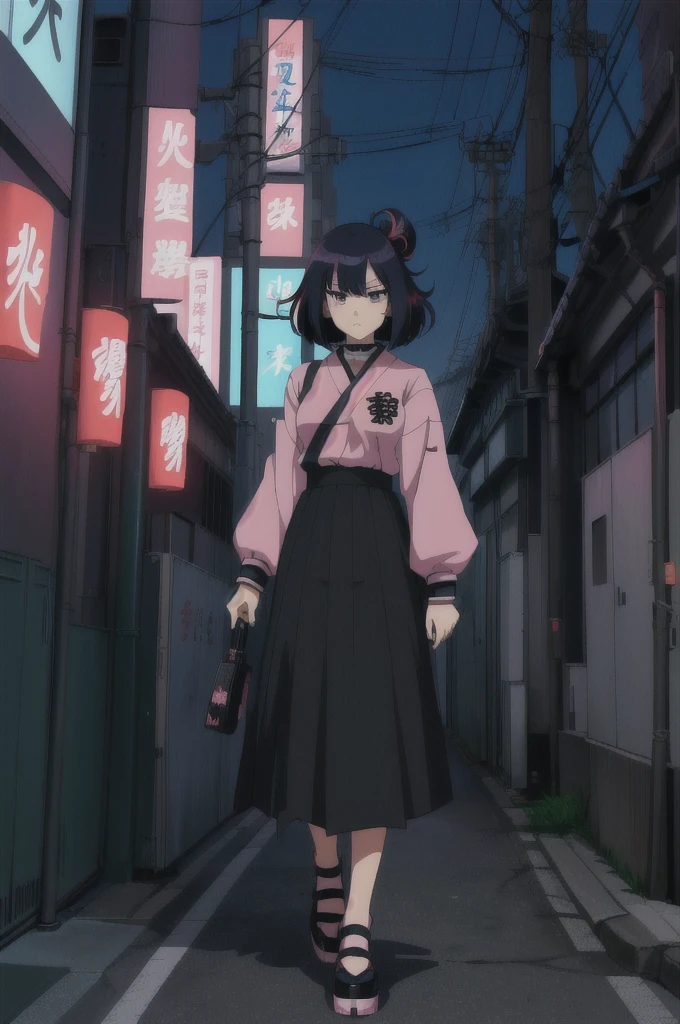 anime character Sukeban standing on a city street corner in a black long skirt, anime style. 8k, anime style mixed with fujifilm, retro anime girl, anime styled digital art, in neo tokyo, anime style illustration, anime style 4 k, anime style artwork, anime poster film still portrait, tokyo anime scene, modern anime style, anime style digital art