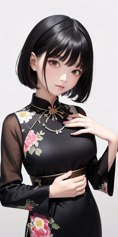 Top quality masterpiece illustrations、Black hair and black eyes、Wearing a necklace、Girl in floral cheongsam looking up、Beautiful face with hair on the side short hair at the angle of the lower body is fair.。