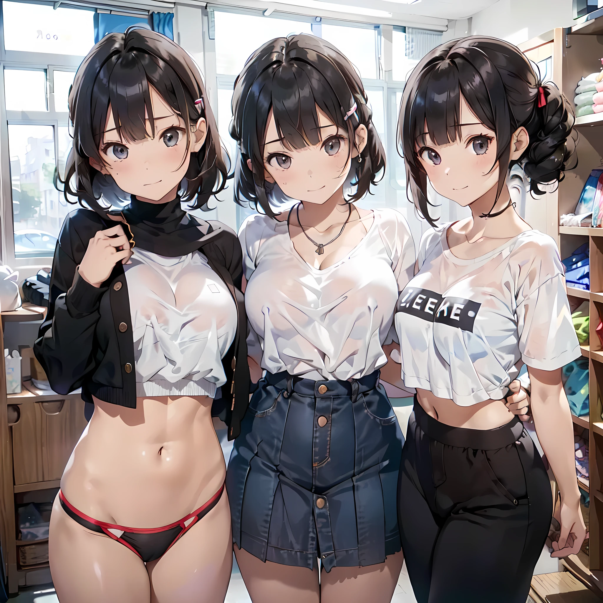 (masterpiece, best quality, ultra quality, high quality, hyper detailed, intricate detailed, perfect anatomy, shiny skin, body shot,), (3women are posing for a camera), (In the school changing room), slender, happy、fun、Laughing with your mouth open, brown hair, blond hair, silver hair, navel, jewelry, looking at viewer, necklace, long hair, short hair, Abdominal muscles, (Thong:1.2),straight hair, bob cut, blunt bangs, silky hair, hair clip, hair band, hair ribbon, one-length haircut, ducktail, outward curled hair, French twist hair, twintails, side ponytail, single braid, wavy hair,