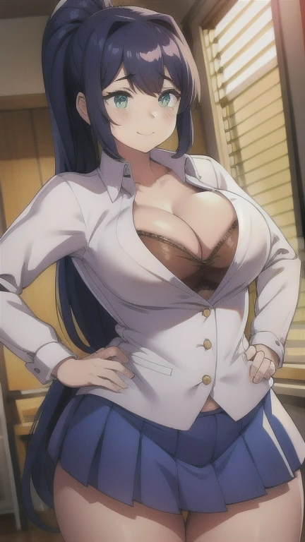 masterpiece, high quality, best quality, fair, HD, Perfect lighting, Delicate face, detailed body, super cute face, ((1 Girl)), ((Solitary)), Monica, Green Eyes, Very long hair, Ponytail, White bow, , suit, Brown sweater, Collared shirt, Neck strap, Blue skirt, School classroom, Looking at the audience, Cowboy shooting, sweet smile, affectionate, Fall in love with the audience, The fourth wall is broken, Medium breasts, Perky Breasts,(((Cleavage))) Wide hips, Thick thighs, Hands on hips,