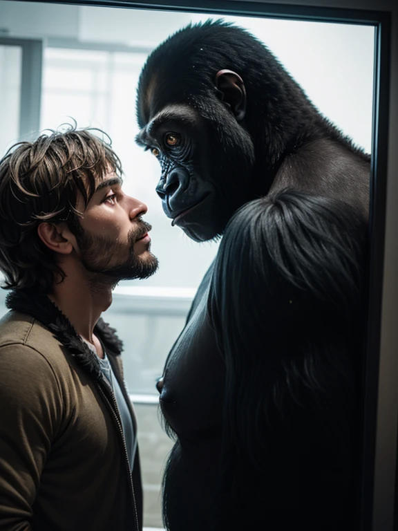 A shaggy unshaven man and a gorilla look at each other through a glass barrier, side view 