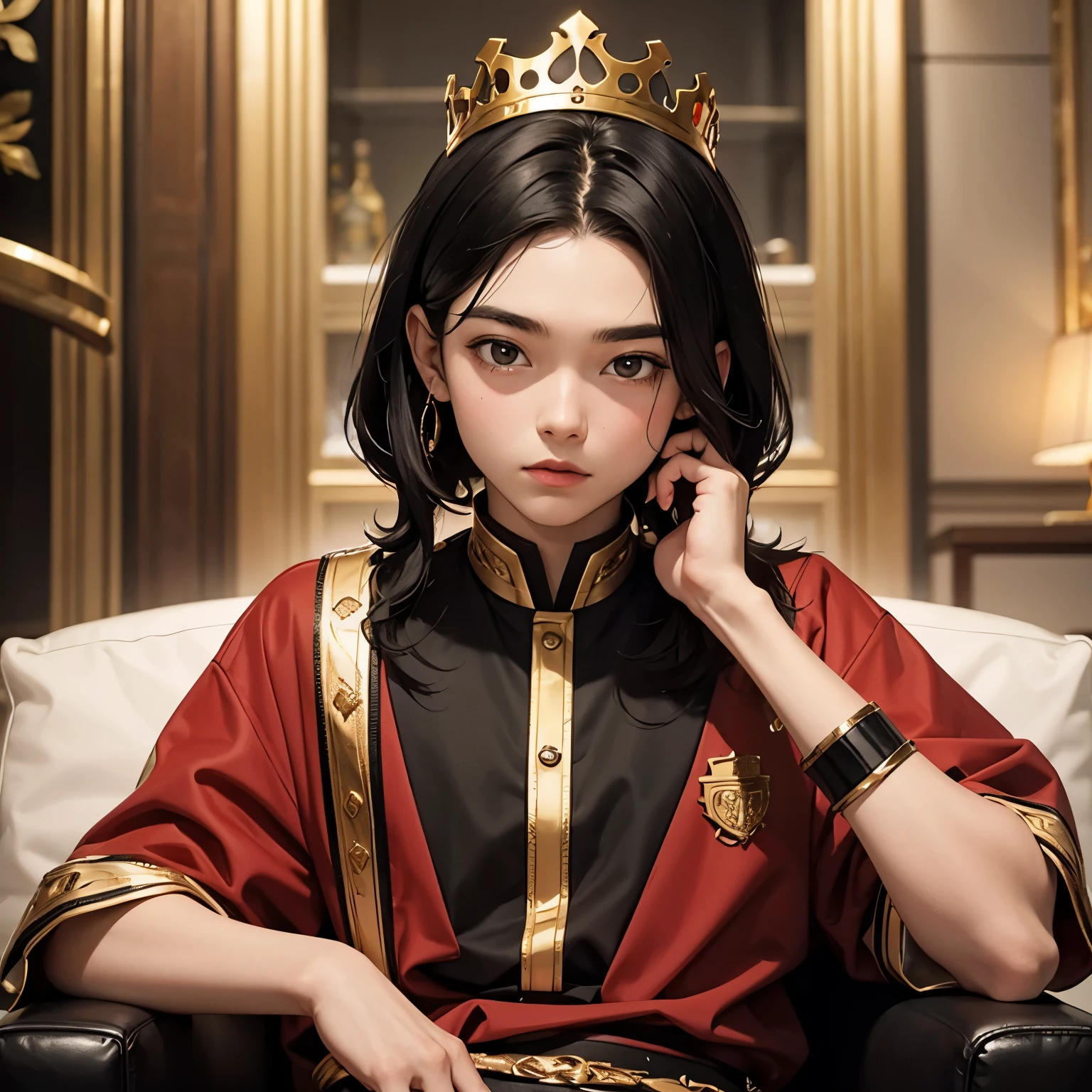 15 year old, king, black hair, red gold white