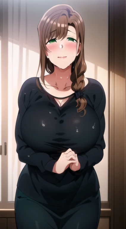 masterpiece, masterpiece, 1 Girl, Hands together, Long hair,  Brown hair, Black shirt, Long sleeve, Loose shirt, Hair accessories, Green Eyes, clavicle, Weaving, Blue pants,  single Weaving, hair tie, Shoulder-length hair, hair hair tie, Mature female, Wide hips,,Squint your eyes, Smile, Large Breasts. ((Cleavage))8k, Super detailed, fair and aesthetic, high quality, fair, masterpiece, best quality, permanent, lean forward, Glowing skin, Sticking out tongue of mouth, blush, Sexy body, Definition, Perfect eyes, Sticking out tongue, blush, Strabismus,（with tears in eyes, Saliva residue）, The hem of the skirt is wet, Brushed, photography, 8k, HDR, high resolution, absurd:1.2, Kodak Portrait 400, Film Grain, Blurred background, Bokeh:1.2, lens flare, (Energetic_color:1.2),专业photography师
